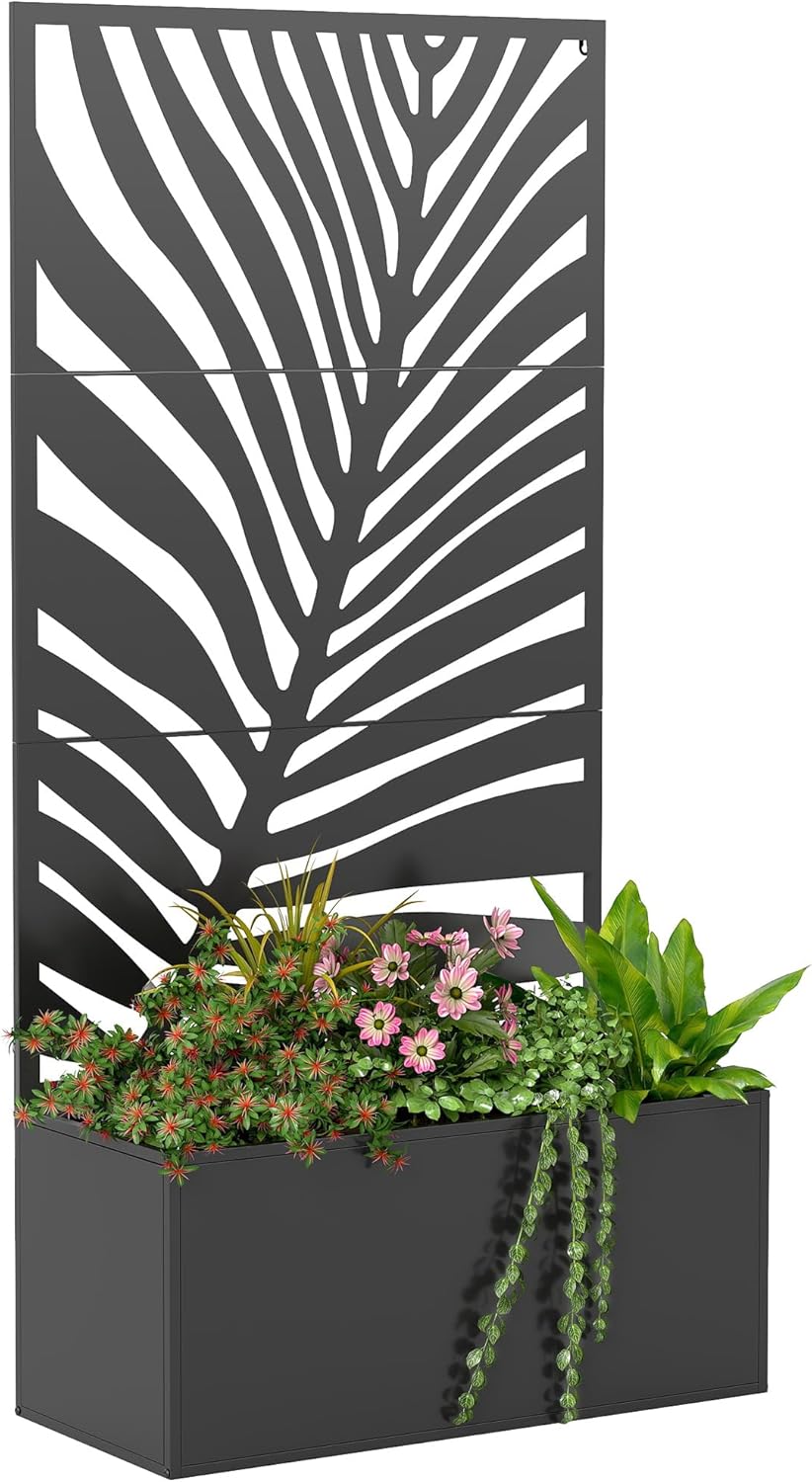 Outsunny Metal Planter Box with Trellis, 71" Tall Raised Garden Bed with Trellis Privacy Screen for Climbing Plants, Large Leaf Cut-Out Privacy Planter for Garden, Patio, Balcony