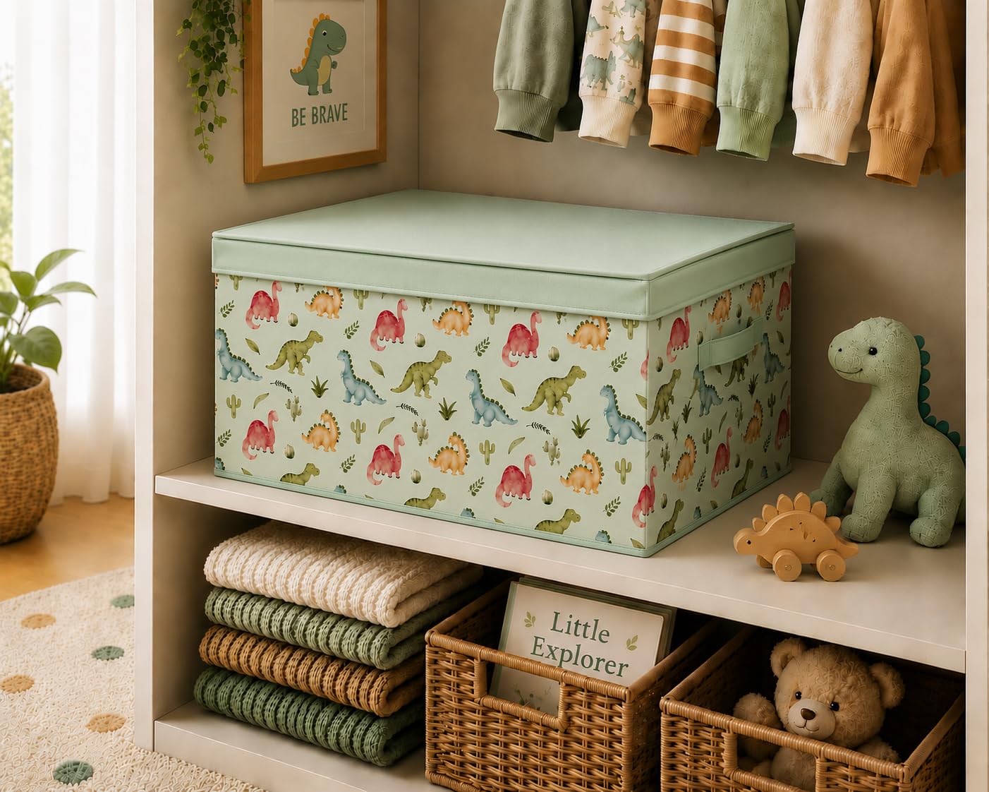 The Little Storage Company Large Collapsible Storage Box with Lid – Foldable Fabric Toy Storage Chest for Bedroom, Nursery and Home (DInosaurs)