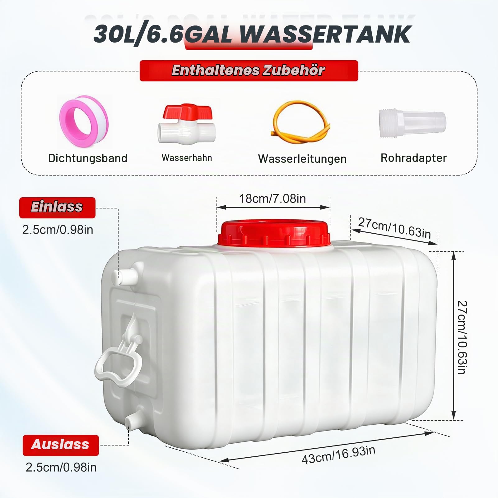 LIROPAU 30L Wassertank, Lebensmittelechter Tragbarer Wasserbehälter mit Wasserhahn, Plastic Container Wassertank für Zuhause, Reisen, Wohnmobile und Notfallvorsorge