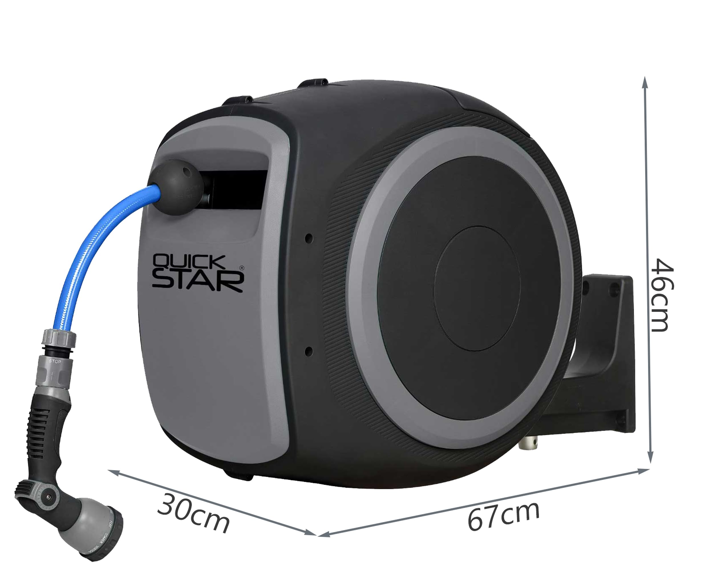 QUICK STAR Enrouleur de tuyau Pro 40 m + 2 m, enroulement automatique, orientable à 180°, 10 modes, douchette multifonction, Aquablue, tuyau de qualité, support mural, raccord universel