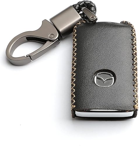 Cuero para Mazda 3 Hatchback CX-5 CX-30 CX-9 Remote Smart 4 Botones Key Case Holder Cover Fob Chain (negro)
