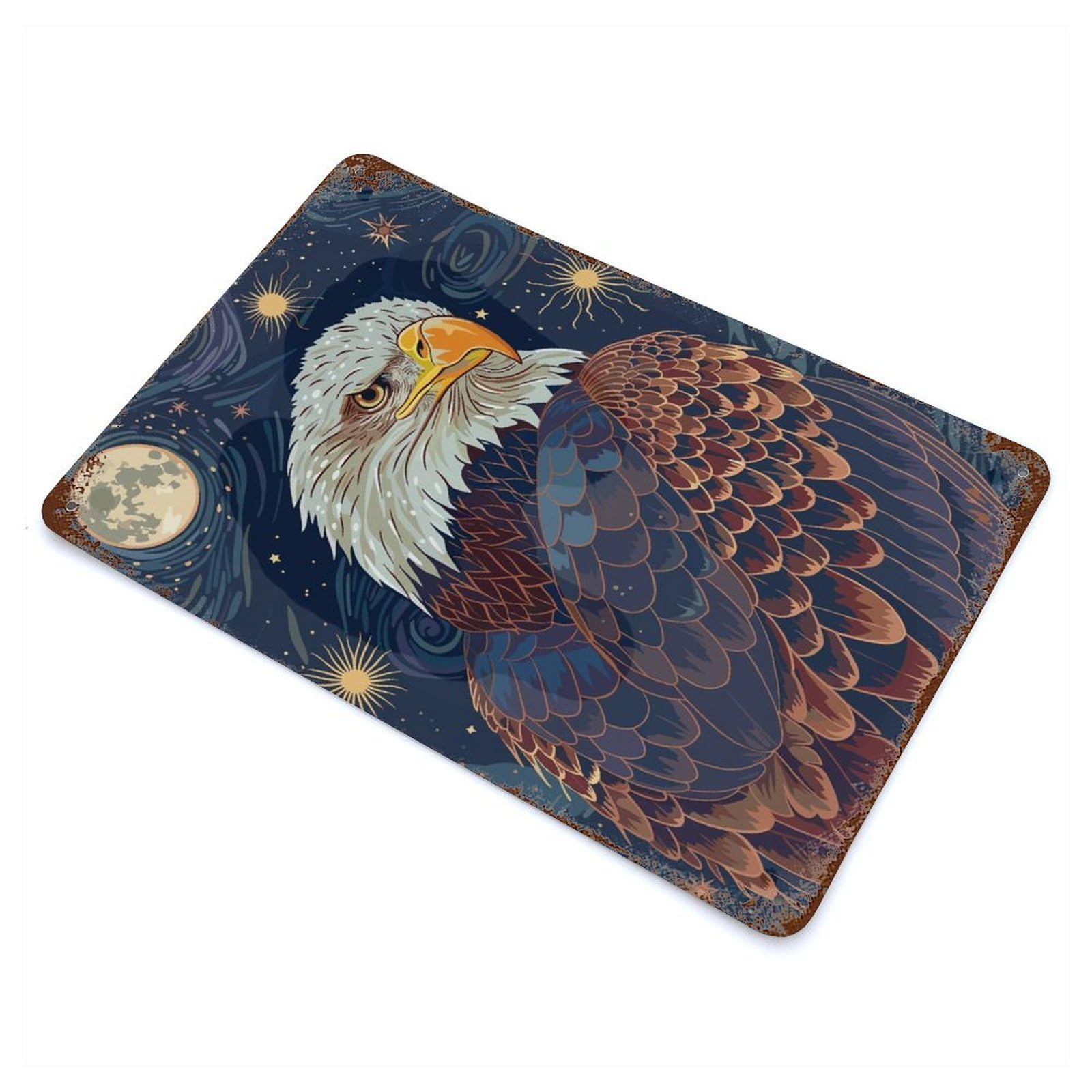 Eagle in Starry Night Sky Illustration Vintage Wall Sign 11.8"x7.9", Rust Effect Metal Decor for Basement, Hobby Room And Garage Decor