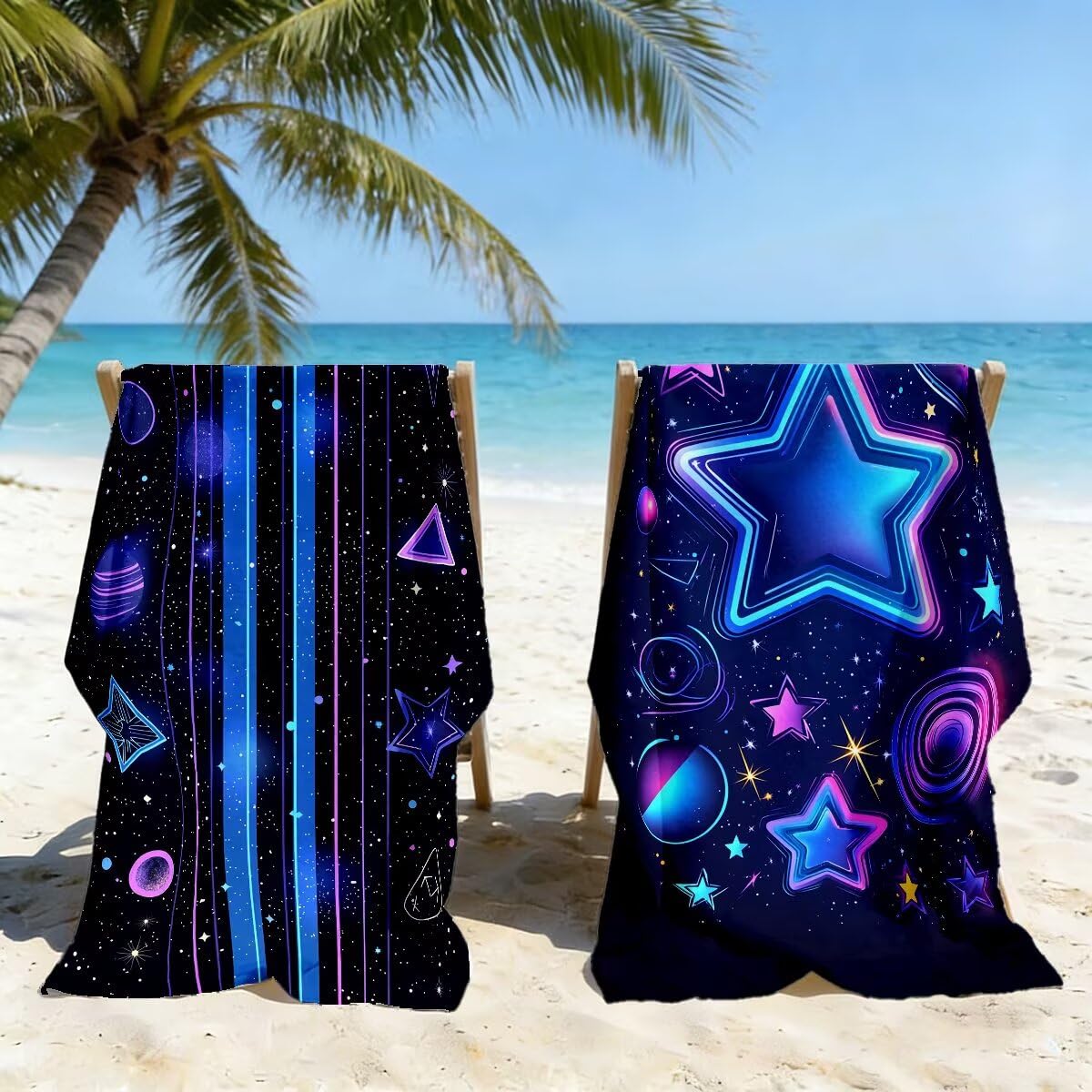 Ręcznik plażowy 90 x 180 cm, ręcznik gimnastyczny z mikrofibry szybkoschnący zestaw 2 ręczników plażowych, lekki kompaktowy ręcznik z mikrofibry duży do podróży, prezent dla mężczyzn i kobiet (gwiazda