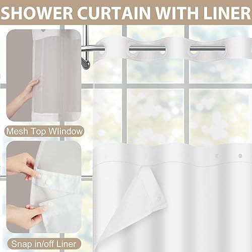 Miniatura 4 de Cortina de ducha sin gancho con forro a presión, cortinas de ducha gruesas resistentes con ventana superior de malla, cortina bohemia de lujo para