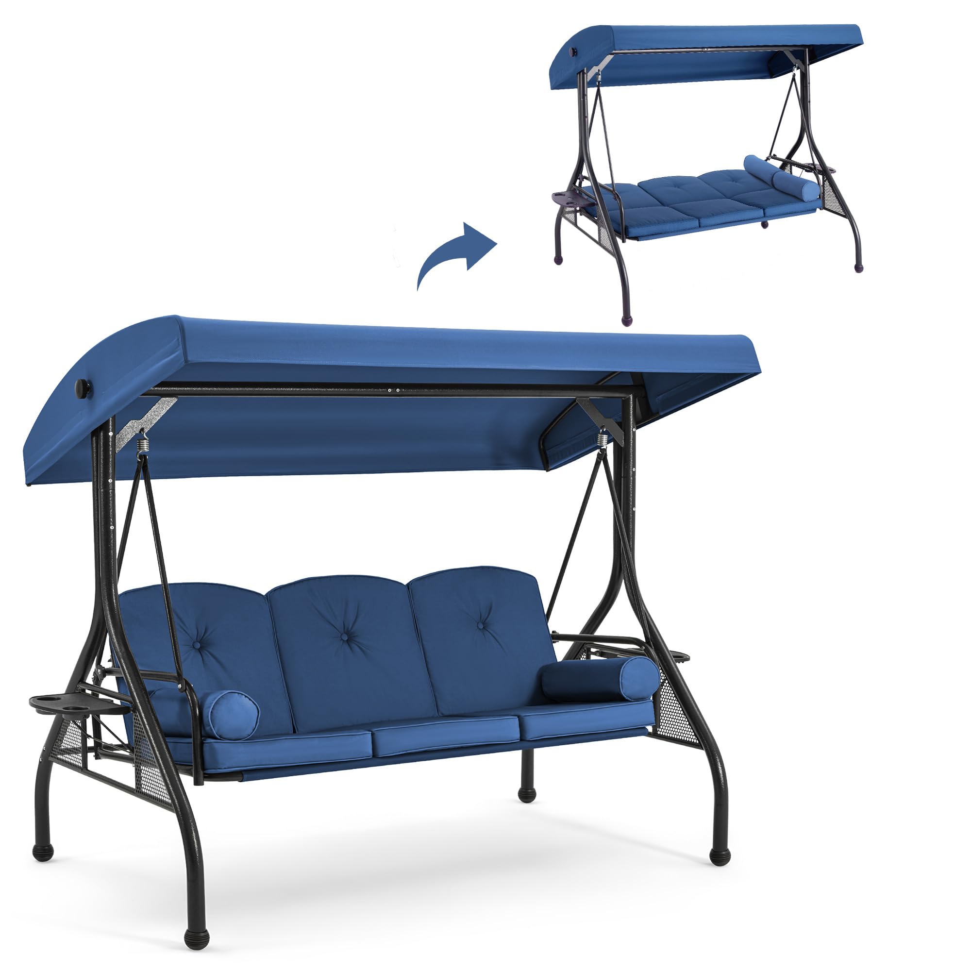 GYUTEI 3-Seat Outdoor Patio Swing with 1.5" Upgraded Cup Holder,Porch Swing with Adjustable Backrest and Canopy,Outdoor Porch Glider Swing,w/Cushions,Pillows for Backyard(Blue)