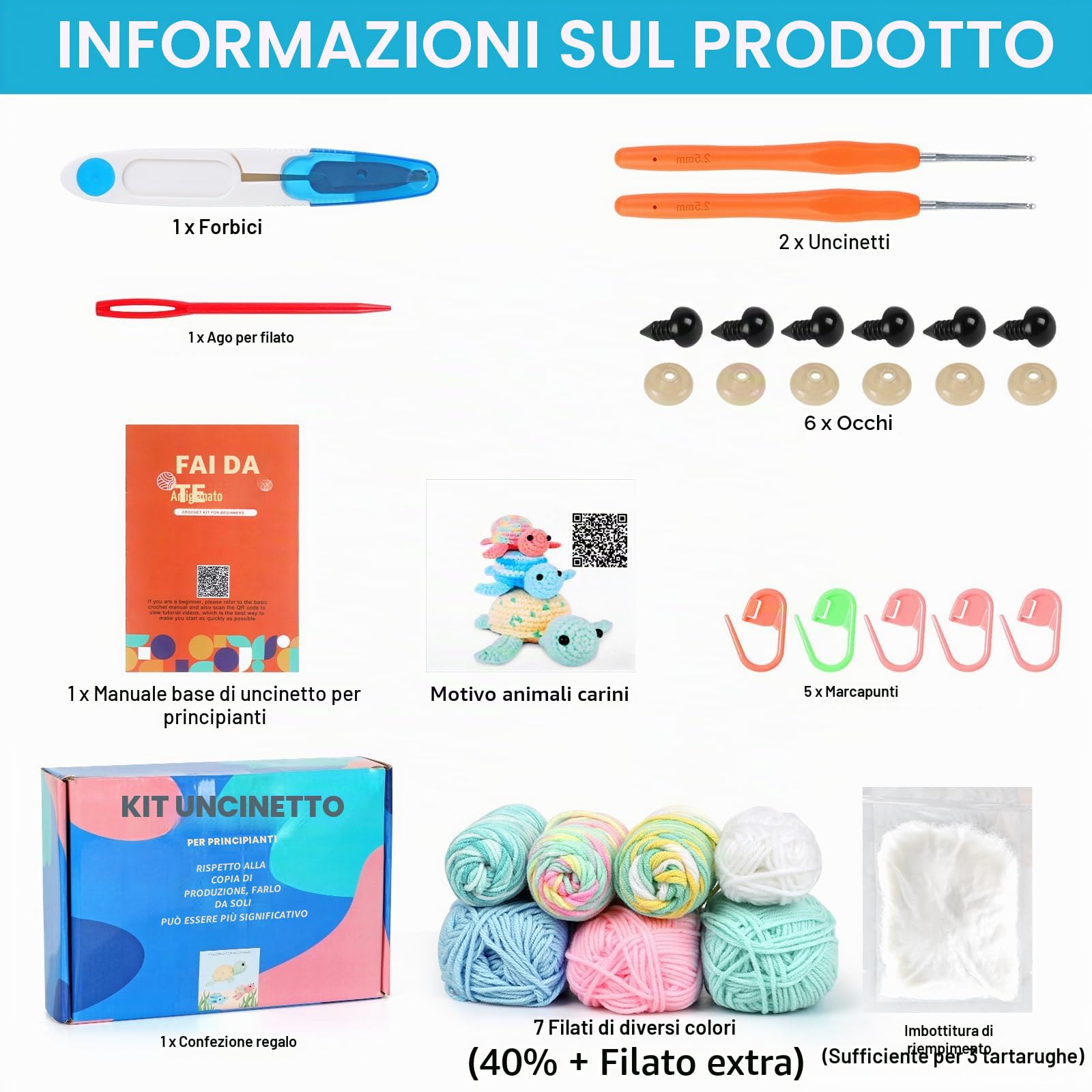 UXORSN Kit per Lavorare a Uncinetto per Principianti 3 Pezzi Adorabile Tartaruga Animali Crochet Kit Forniture Tessuto Uncinetto Peluche con Filato Gancio Istruzioni Passo Uncinetto Crafts per Adulti