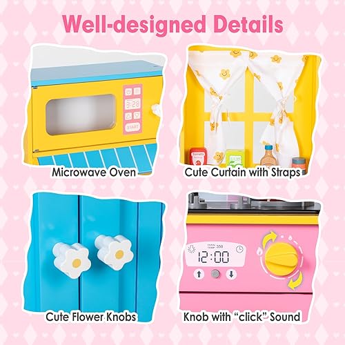 Miniatura 2 de Juego de cocina para niños, cocina de madera para niños con grifo, fregadero, estufa, horno, cortinas, utensilios de cocina, armarios de