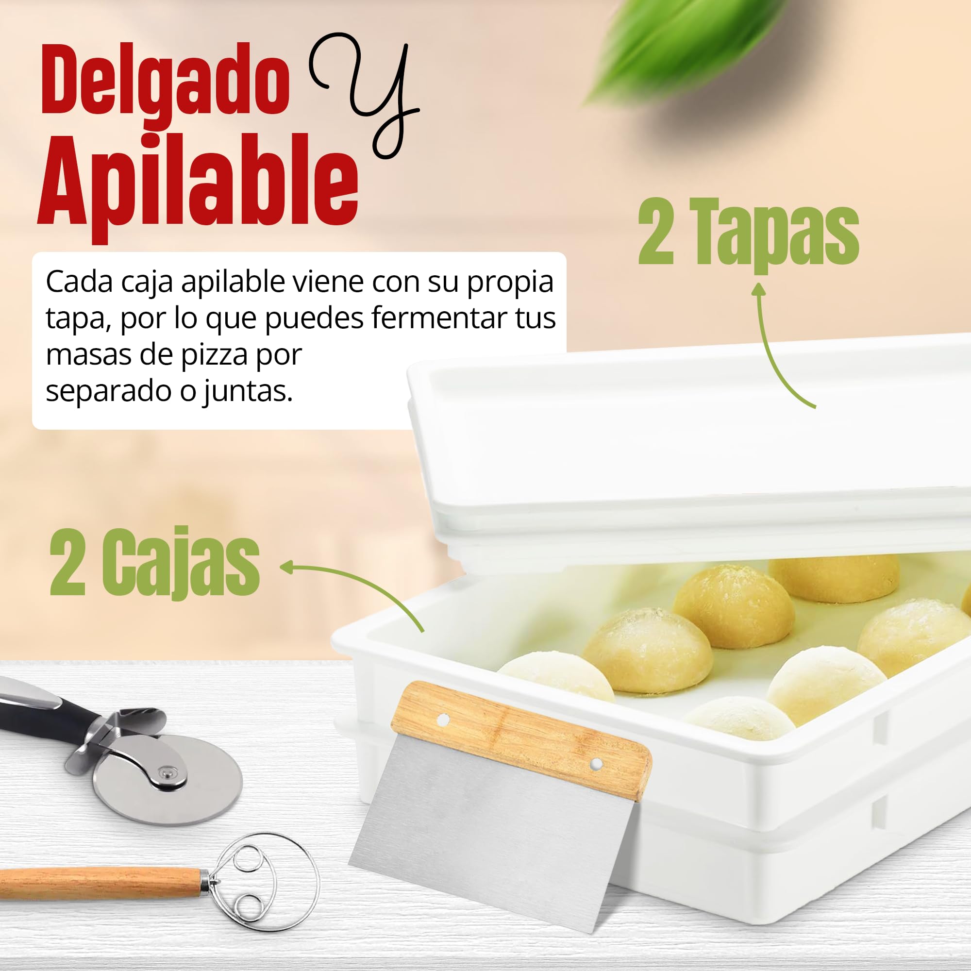 YAANI Juego de 2 cajas apilables a prueba de pan con tapas, rueda de pizza, batidor de masa, raspador de masa, perfecto para masa de pizza, masa madre, contenedor de almacenamiento de alimentos