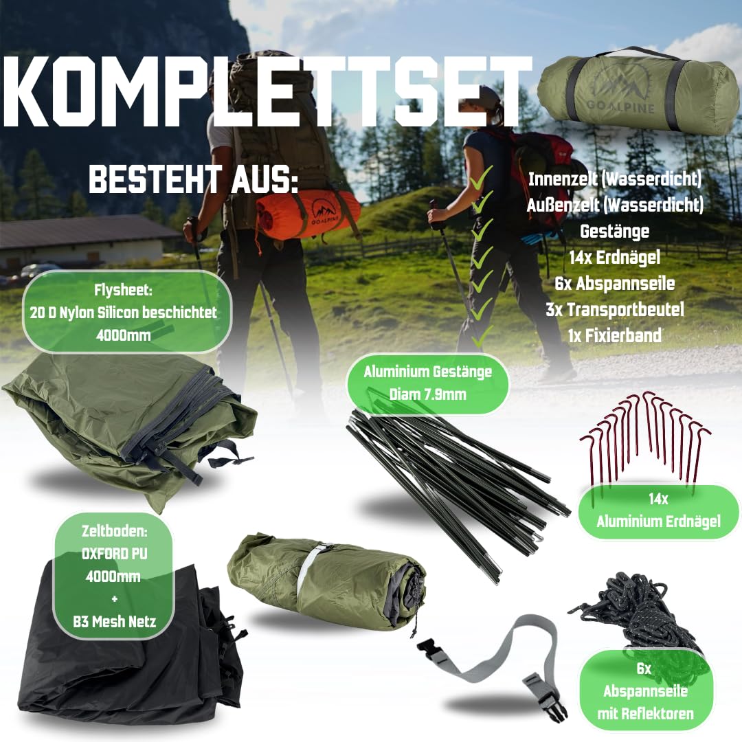 GOALPINE® Zelte für 1 & 2 große Personen | wasserdicht 4000mm | kleines Packmaß | zum Wandern, Bergtouren & Bikepacking | Ultraleicht | 3-4 Jahreszeiten | schneller aufbau