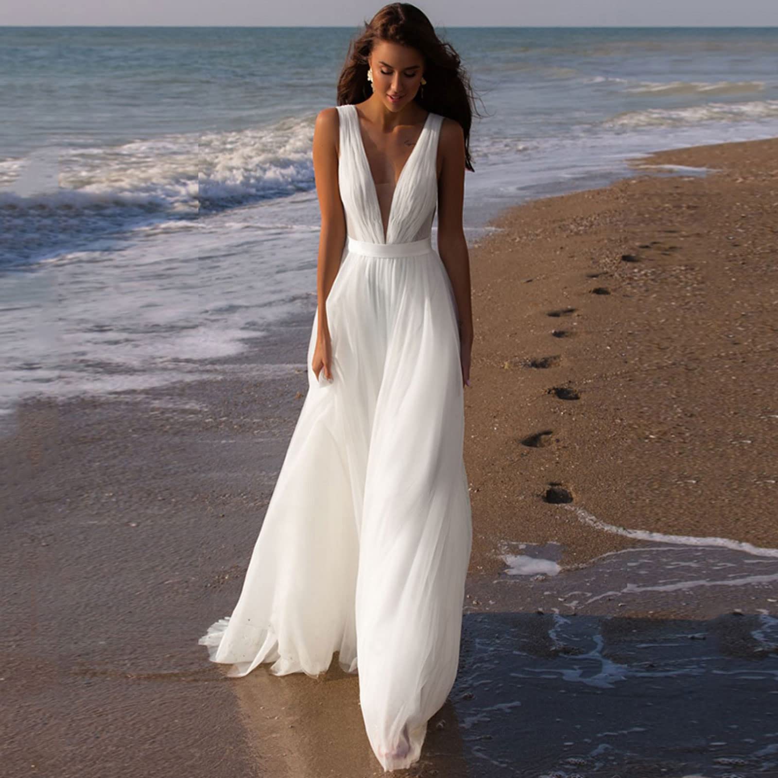 Vestido de Novia de Playa de Bodas, Sirena sin Mangas, Vestido de Doble Cuello en V