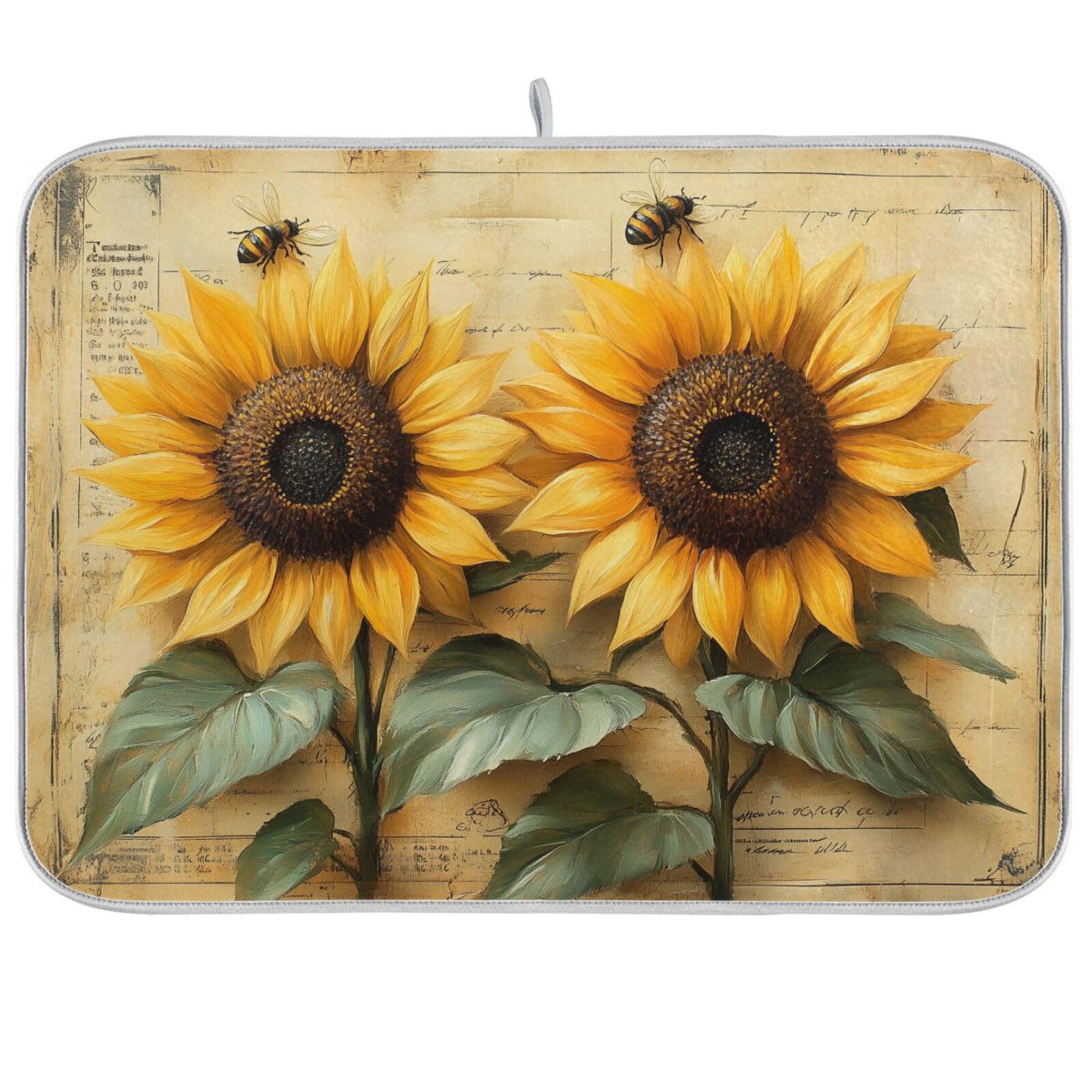 Sunflowers Bees Vintage Pattern Dish Drying Mat for Kitchen Counter Super Absorbent Dishes Pad Reversible Microfiber Protector Dish Draining Mats