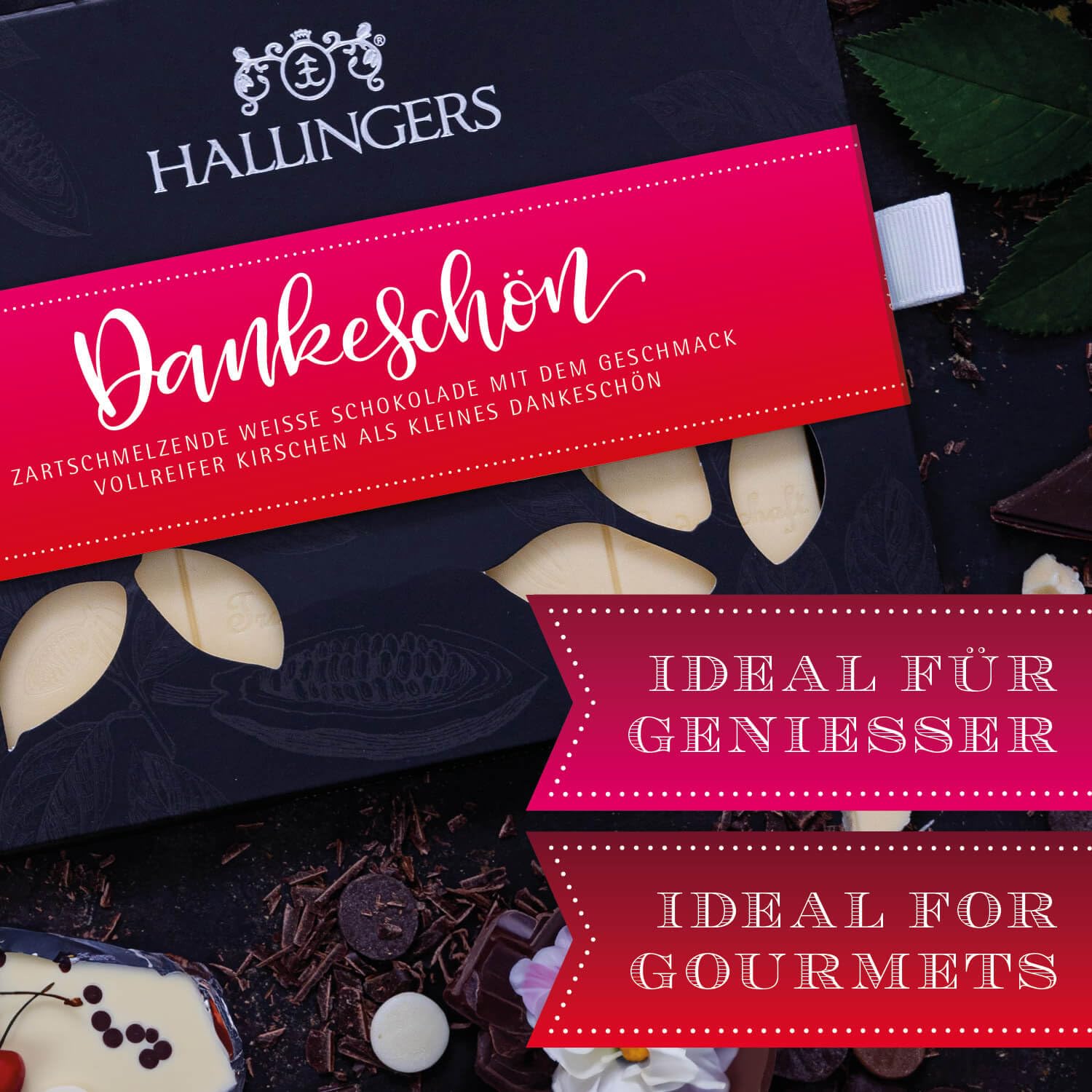Hallingers Genuss Manufaktur Weiße Schokolade Dankeschön-Geschenk - Tafel handgeschöpfter Edelkakao ohne Alkohol edler Karton 10x "Dankeschön" Kirsche, Geschenkidee für Frauen Männer