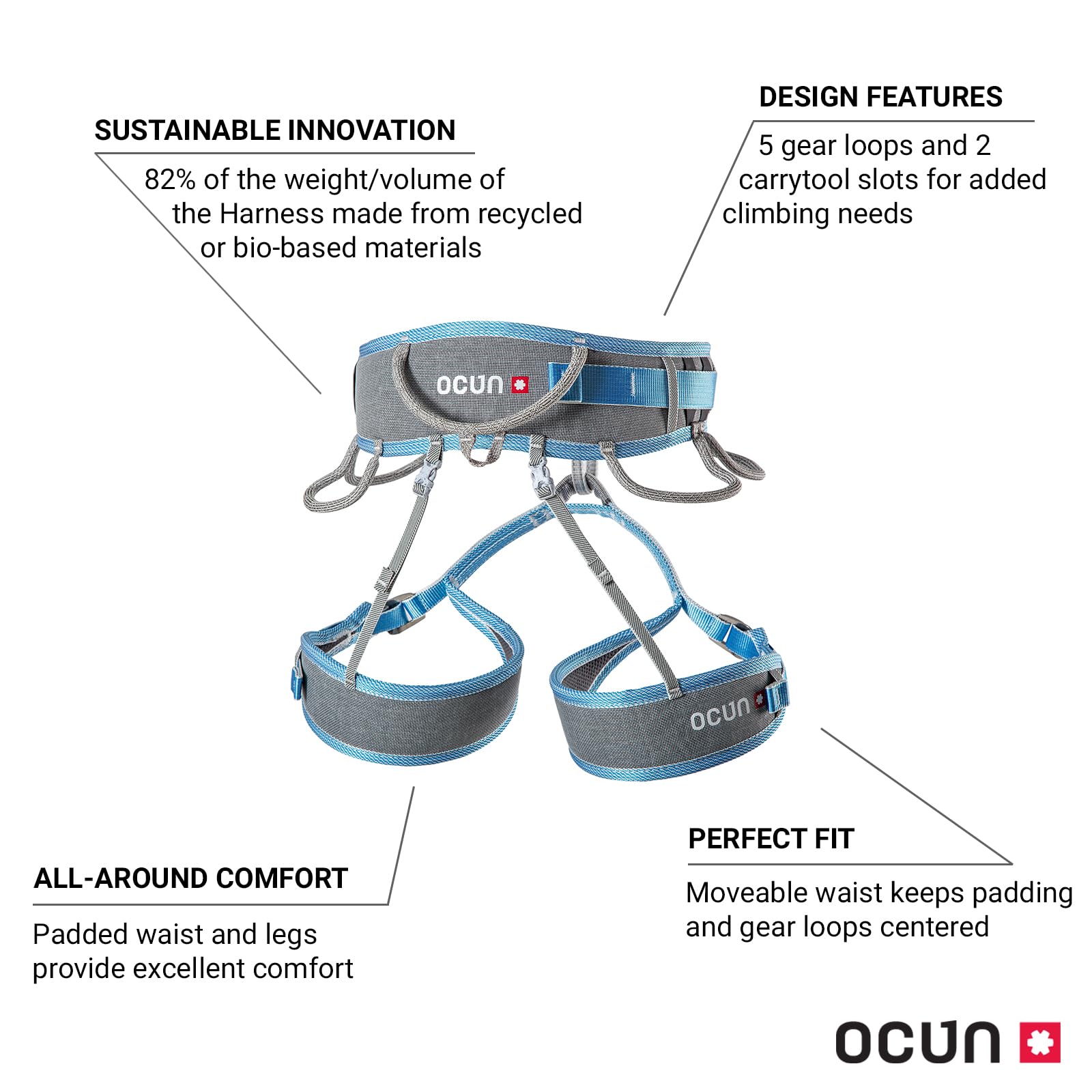 Ocun Twist Tech Eco Climbing Sport Harness, Lightweight Three Buckle Harness for Trad, Alpine & Rock Climbing, Grey/Blue, M-L