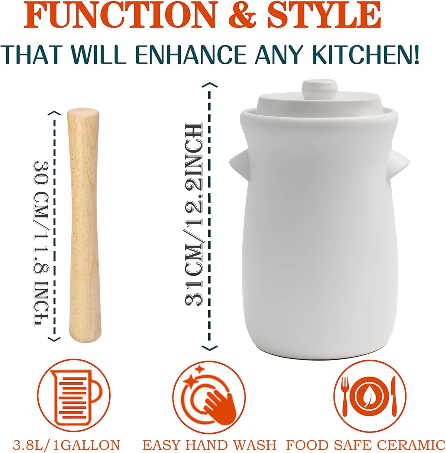 Fermentation Crock 3.8Liter/1 Gallon Stoneware Pot for Fermenting, Pickling Kimchi, Pickles, Vegetables, Kombucha - Glazed Fermenter with Stone Weights, Lid & Pickle Tamper-White Crock