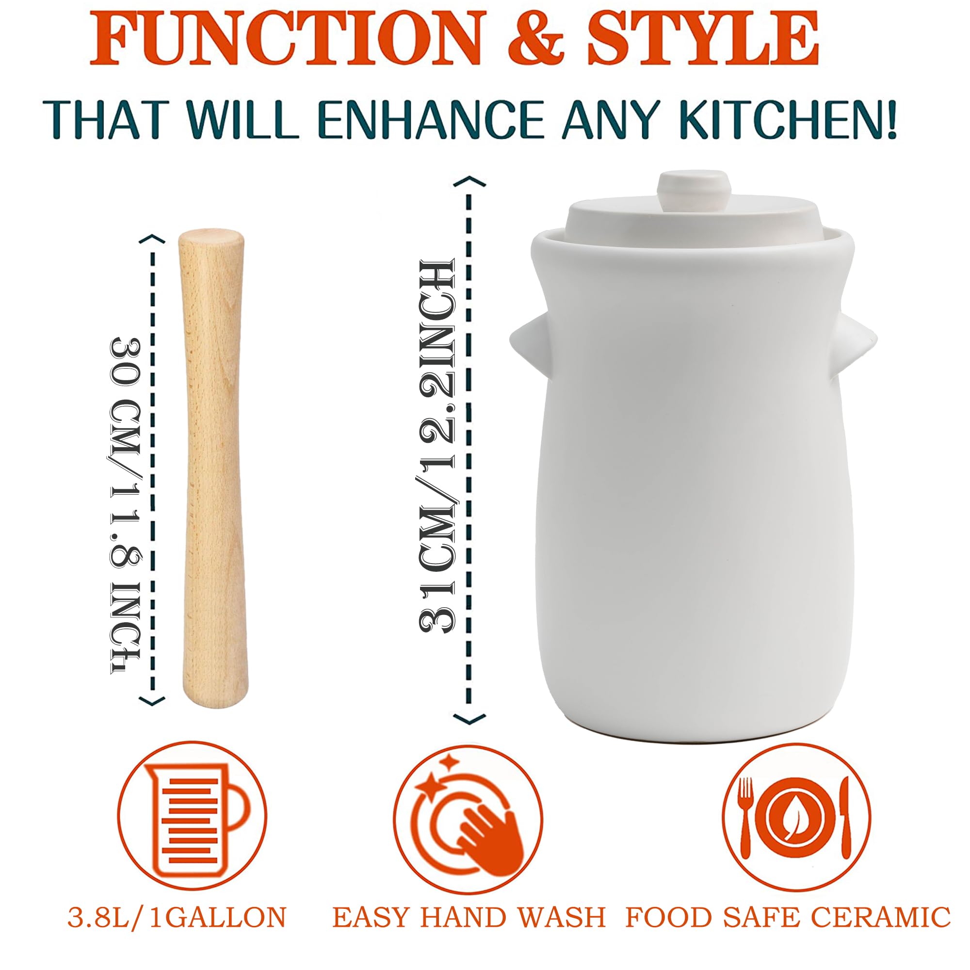 Fermentation Crock - Olla de cerámica de 3.8 litros/1 galón para fermentar, encurtir kimchi, encurtidos, verduras, kombucha, fermentador esmaltado con pesos de piedra, tapa y jarra blanca