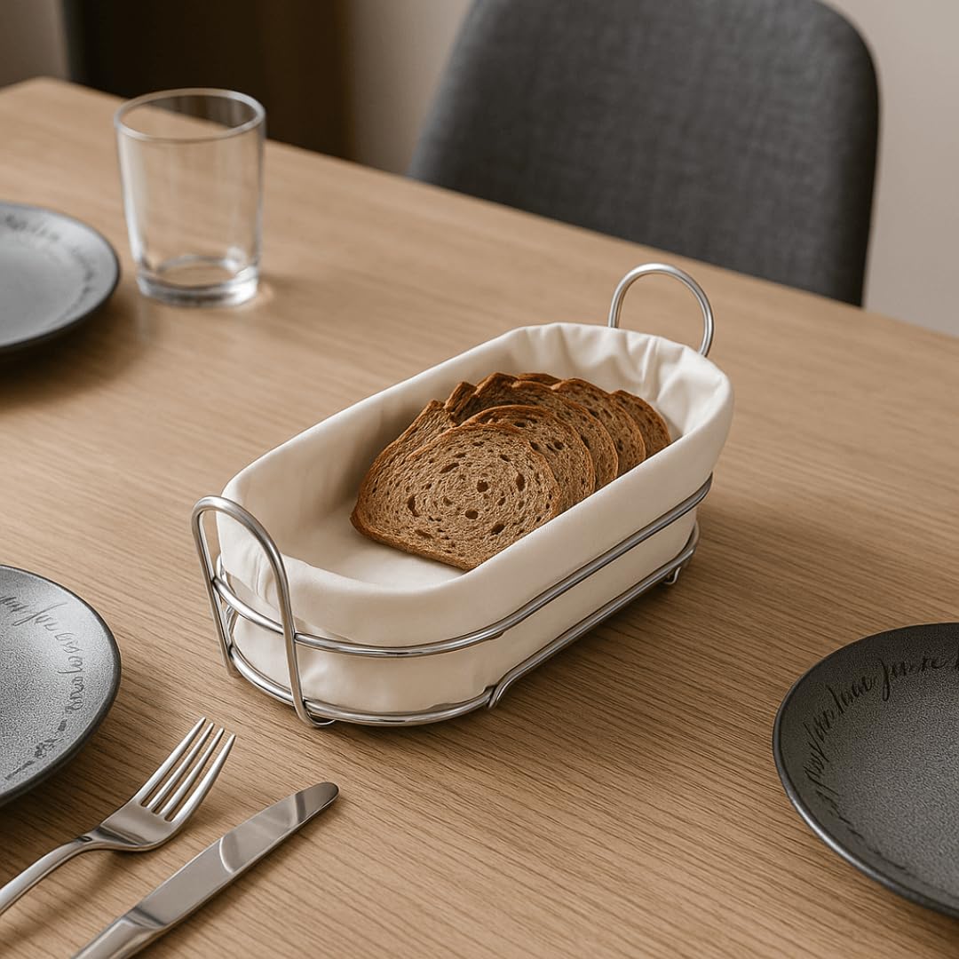 MallArt® Tel Ekmek Sepeti İç Bezli – Çıkarılabilir ve Yıkanabilir Bezli Ekmeklik – Cırtlı Bez Tasarım – Masa ve Mutfak İçin Şık Ekmek Sepeti – 35x15x9 cm (Krem)