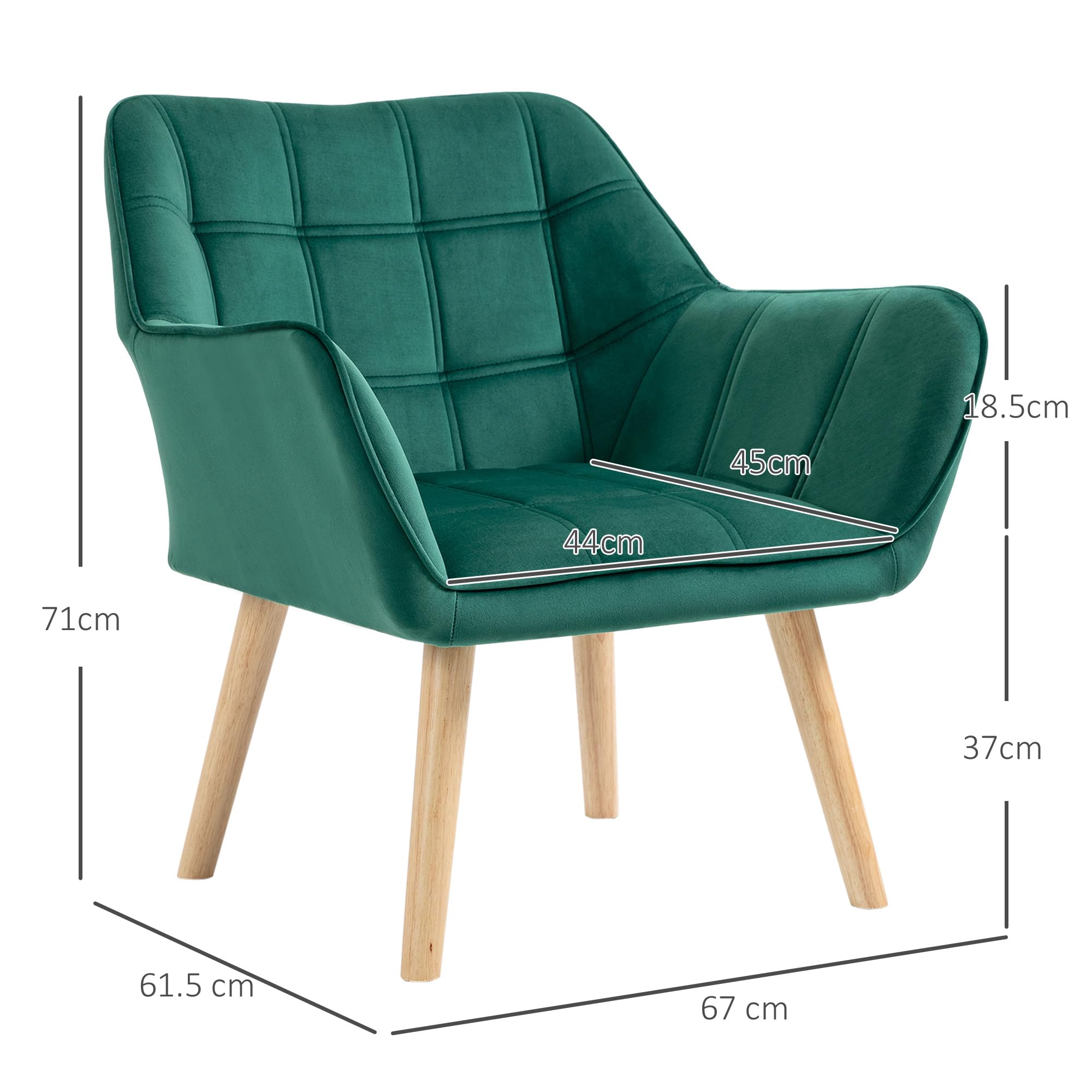 HOMCOM Poltroncina da Camera Design Scandinavo, Poltrona in Velluto e Legno, Color Verde, per Soggiorno o Ufficio, 67x61.5x71cm