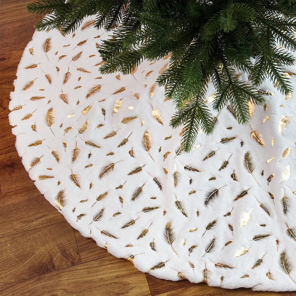 Podkładka pod dywanik Dekoracja choinkowa, Spódnica choinkowa z białego futra w kształcie płatka śniegu, 90/122 cm, idealna na świąteczne dekoracje(Feather Golden,122cm)