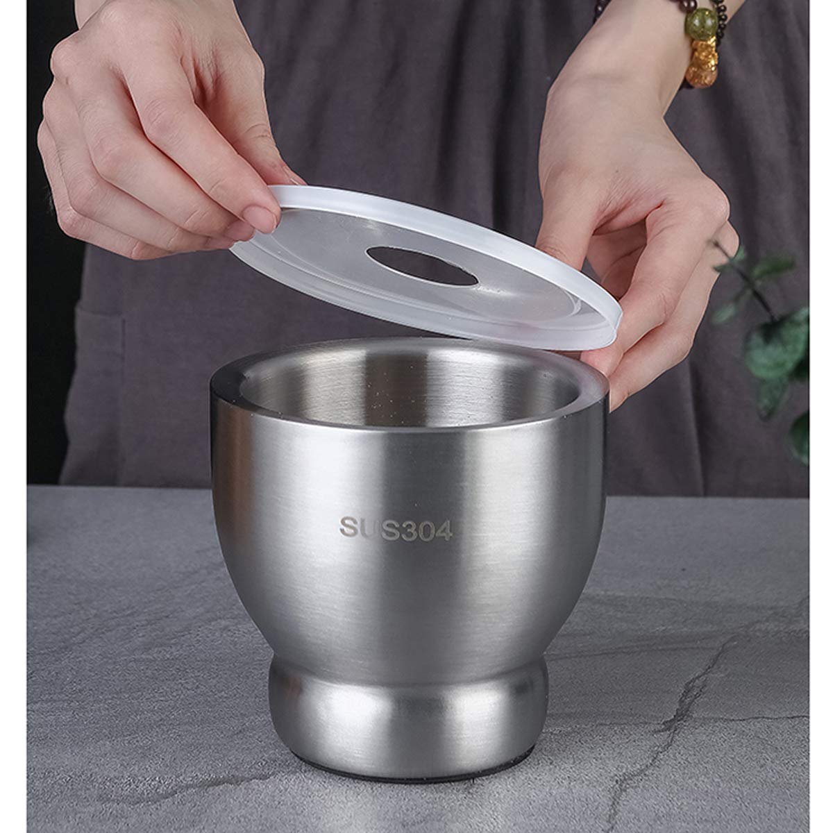 KAUNOPILIS® Thickened stainless steel garlic press garlic masher garlic mashed garlic jar medicine bowl crushed pestle mortar medicine mortar grinder 2