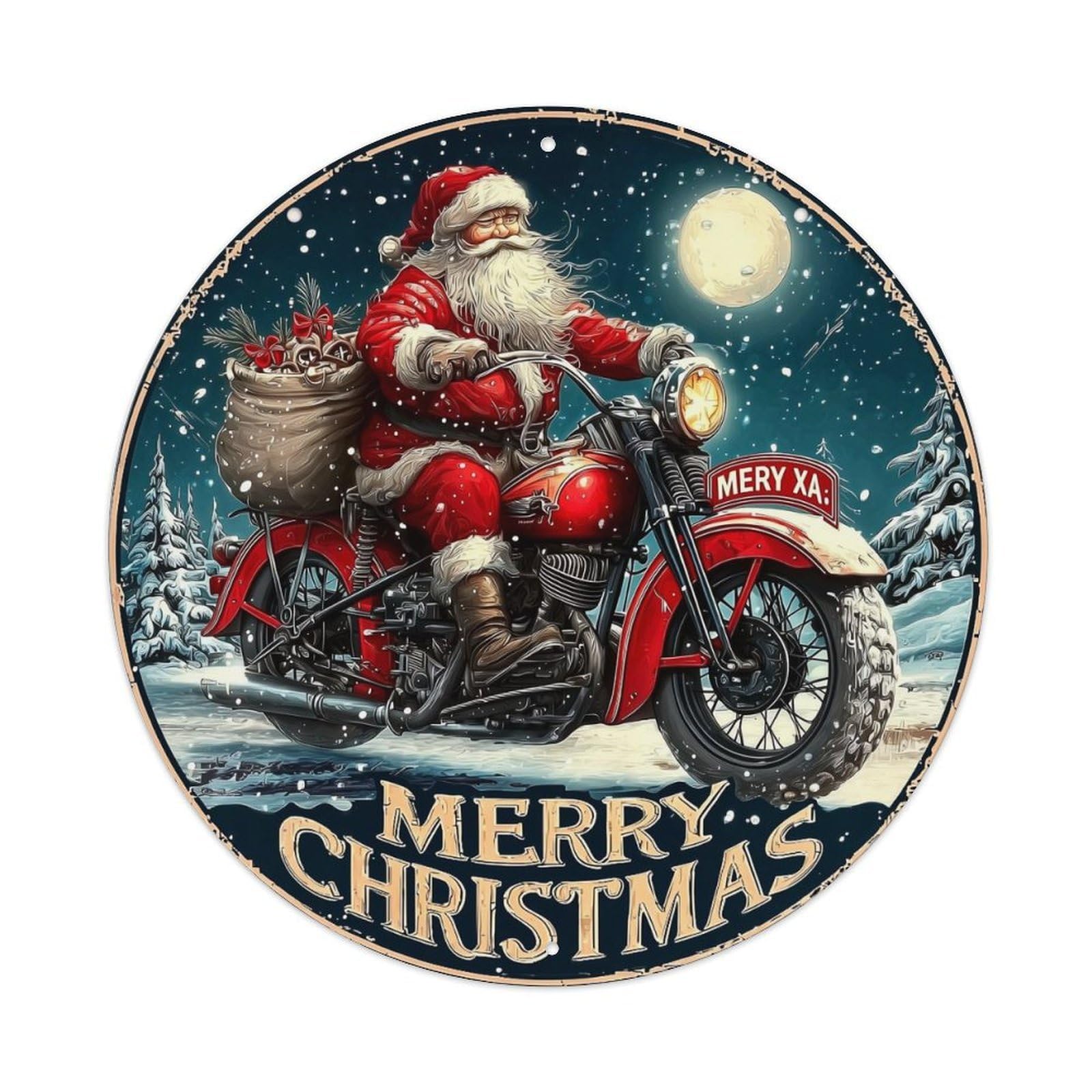 Santa Riding Red Motorcycle Retro Metal Tin Sign, Vintage Metal Poster for home, Gaming Room, Studio Workshop,Bar,Garage Wall Art Decor 8x8 inch