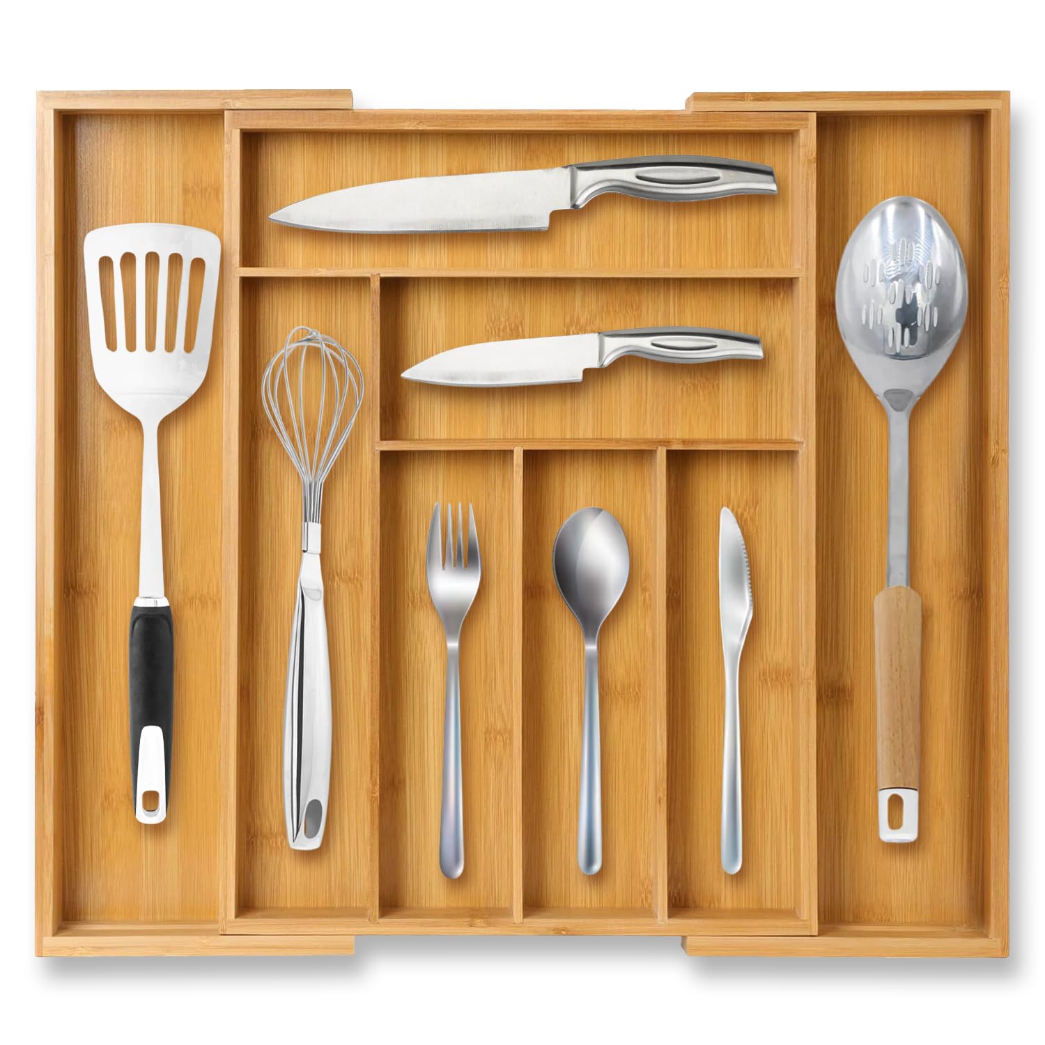 Safmaso - Bamboo Kitchen Drawer Organizer (Pack of 01) – Adjustable & Expandable Cutlery Organiser with 8 Compartments – Bamboo Kitchen Organizer for Silverware, Flatware and Knives in Kitchen