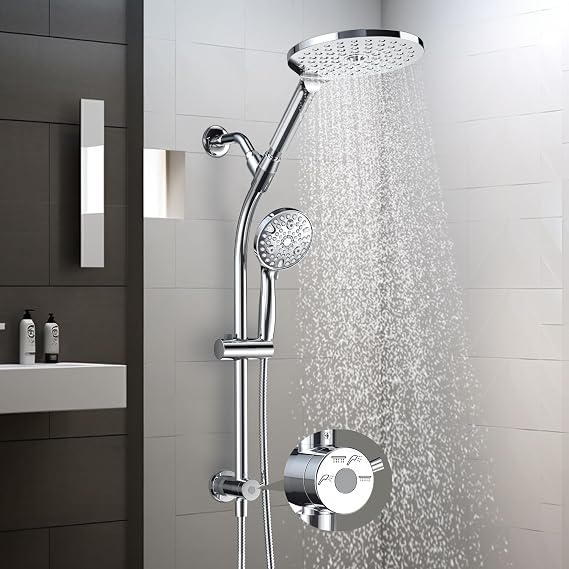 High Pressure Handheld/Rain 3-Way Shower Head Combo with 26 Adjustable Drill-Free Stainless Steel Slide Bar, 10-Mode Handheld Shower Head & 7.48 Rain Shower Head with 5ft Hose - Polished Chrome