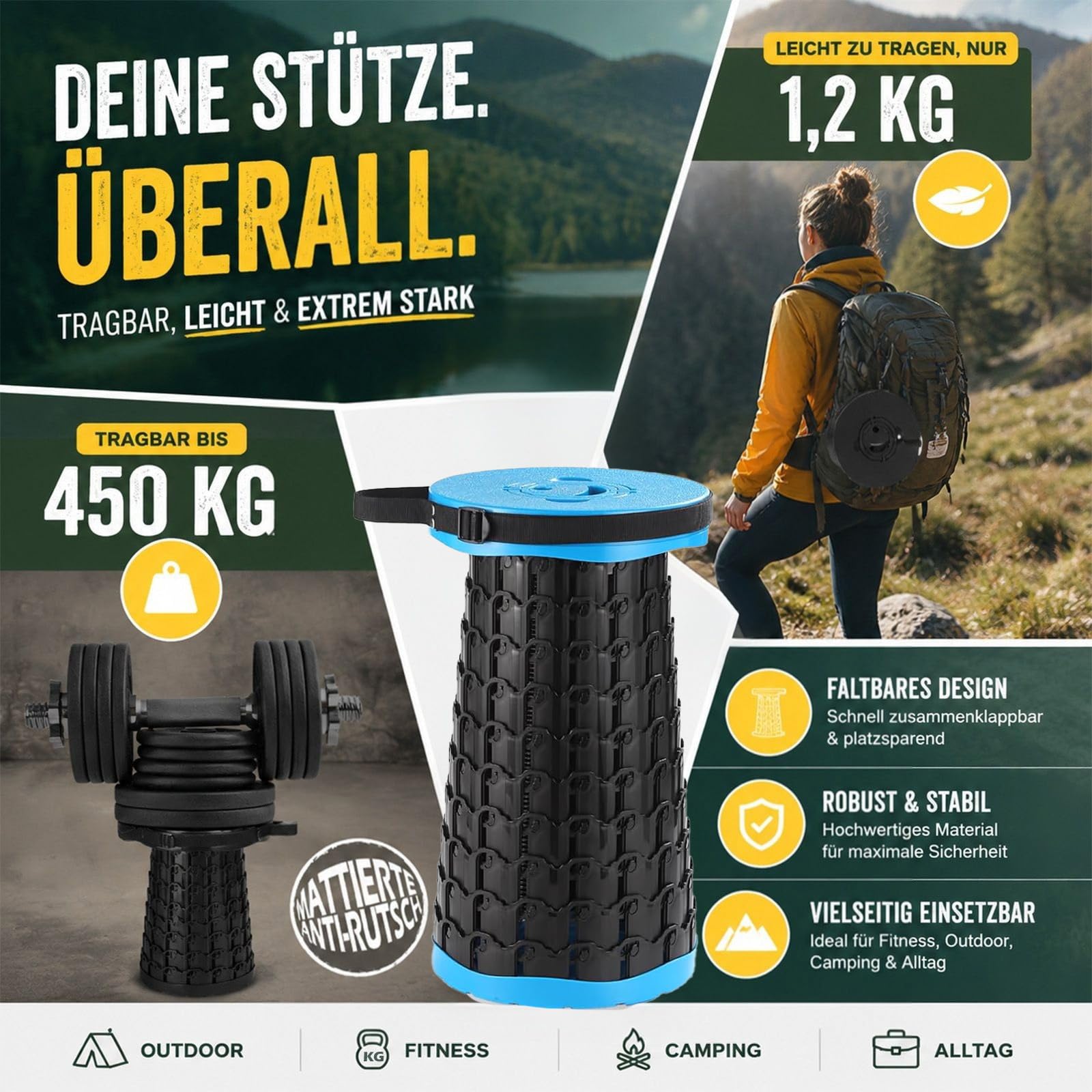 COOLYNX Przenośny mini teleskopowy stołek składany, ulepszony, grubszy stołek, obciążenie 450 kg, lekki, składany, idealny na kemping, do wędkowania, wędrówek, grillowania (niebieski)