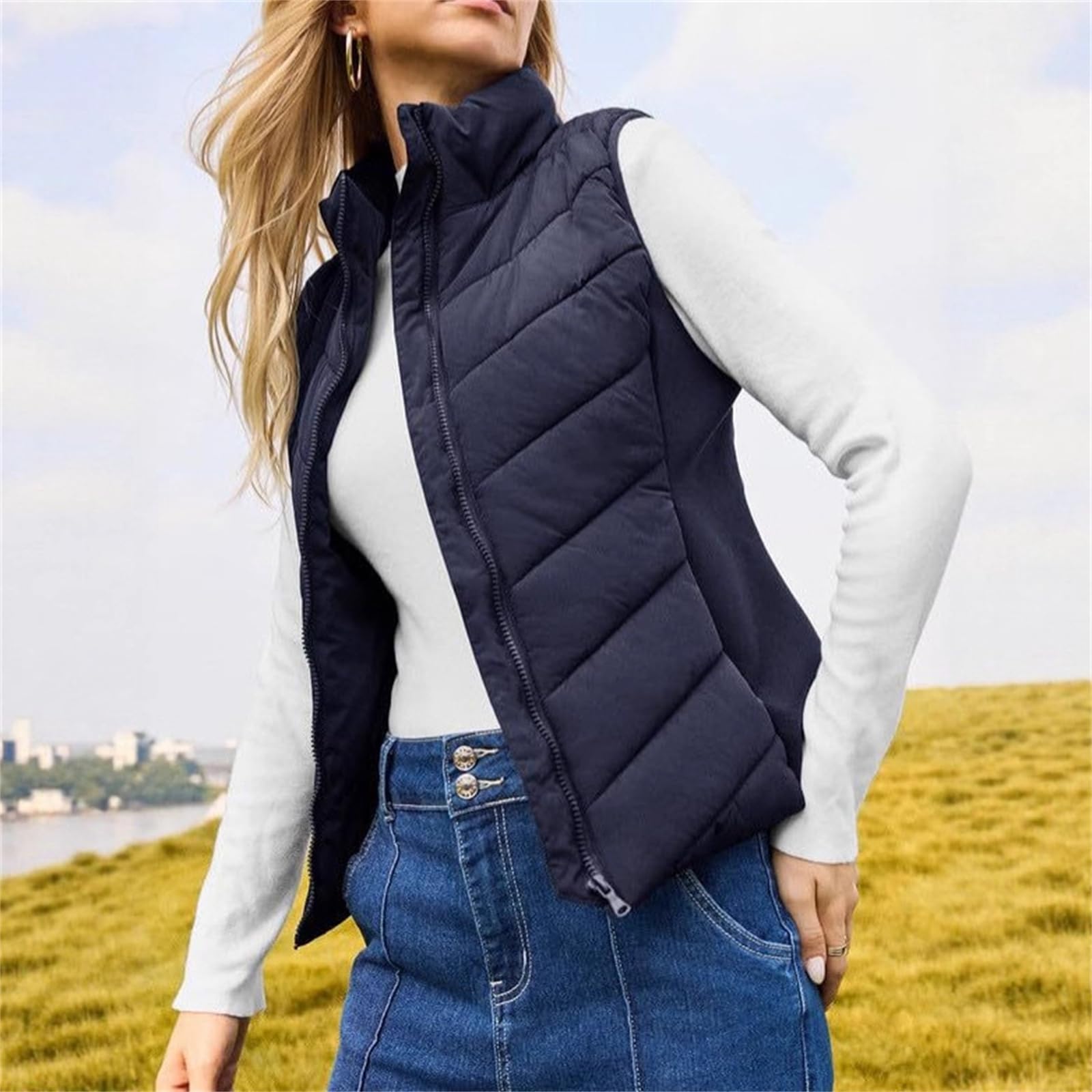 Holdretain - Chaleco acolchado para mujer, sin mangas, con cremallera, acogedor, ligero, cuello alto, chaqueta acolchada
