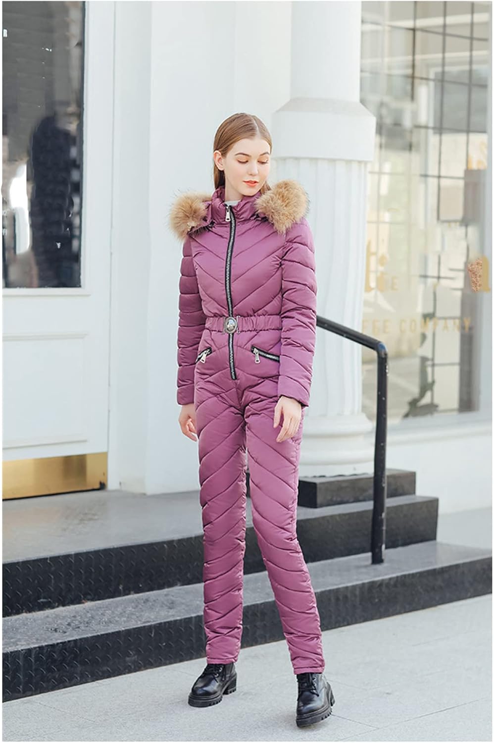 Women Winter Jumpsuit Ski Suit Lightweight Warm Windproof Rain Snow Coat Fur Collar Ski Jumpsuit Snowsuit with Fur Hood