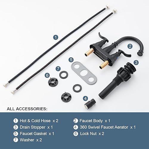 Miniatura 7 de STESSO Grifo de lavabo de baño de 4 pulgadas, grifo de baño negro mate de 3 agujeros, 2 modos de salida de agua, boquilla giratoria extraíble de 360