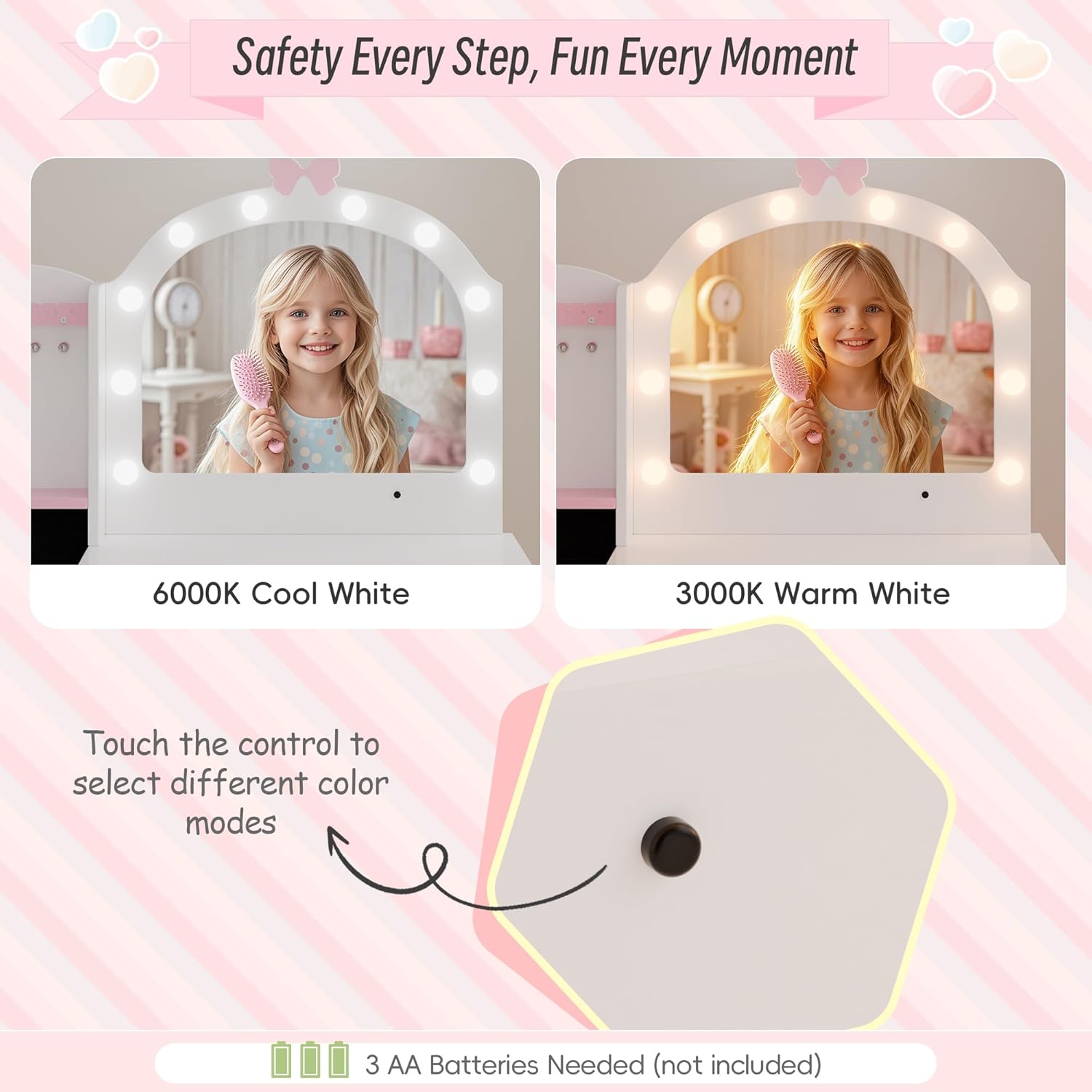 Girls Vanity Table and Chair Set, Kids Vanity with Jewelry Organizer for Princess, Toddler Makeup Vanity Desk with Open Shelf, Closed Cabinet and Butterfly Pattern, White