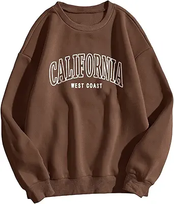 COZYEASE Women's Letter Graphic Print Crewneck Sweatshirt Casual Long Sleeve Drop Shoulder Pullover Tops Light Brown M