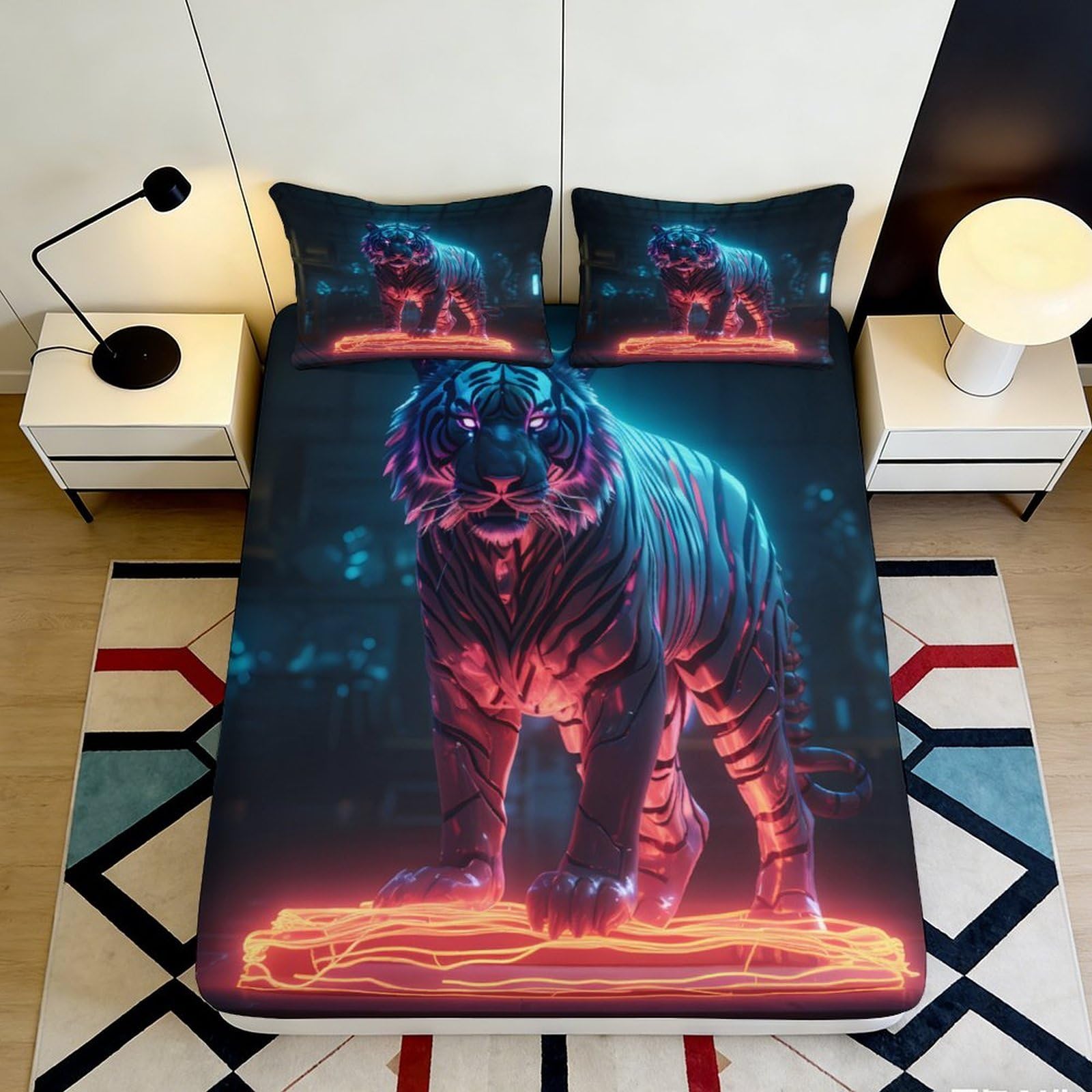 3D Printed Neon Tiger Fitted Sheet Microfiber Soft Black Light Jungle Mattress Cover for Bedroom Dorm Decoration 90x200x25cm