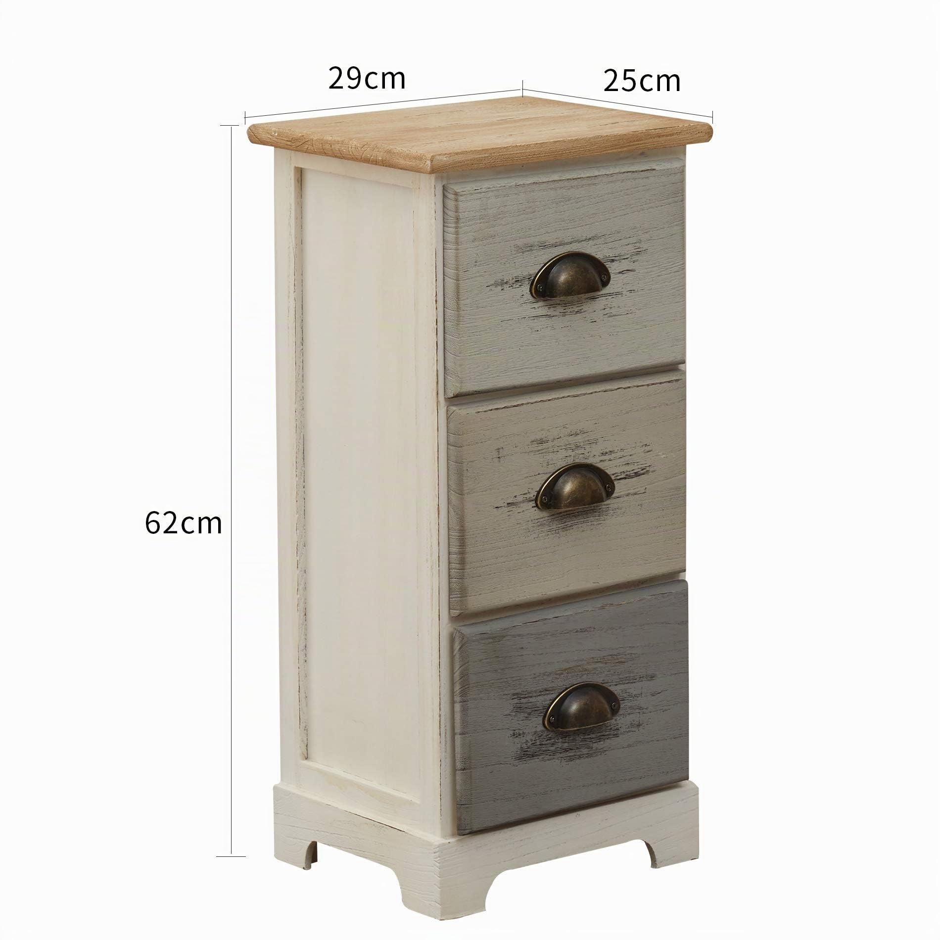 Rebecca Mobili Comodino 3 cassetti, cassettiera di legno, bianca beige grigia, legno paulownnia, stile vintage, camera bagno - Misure: 62 x 29 x 25 cm (HxLxP) - Art. RE4481