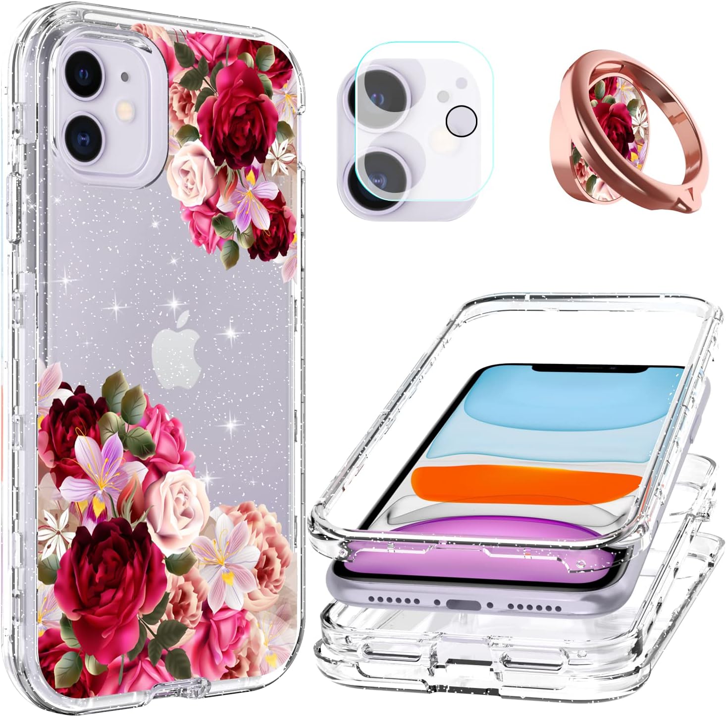 ACKETBOX iPhone 11 Case/iPhone 11 Protective Case with Screen Protector Hybrid Impact Defender Floral PC Back Case and Bumper+Clear TPU Full Body Cover for iPhone 11 6.1 Inch