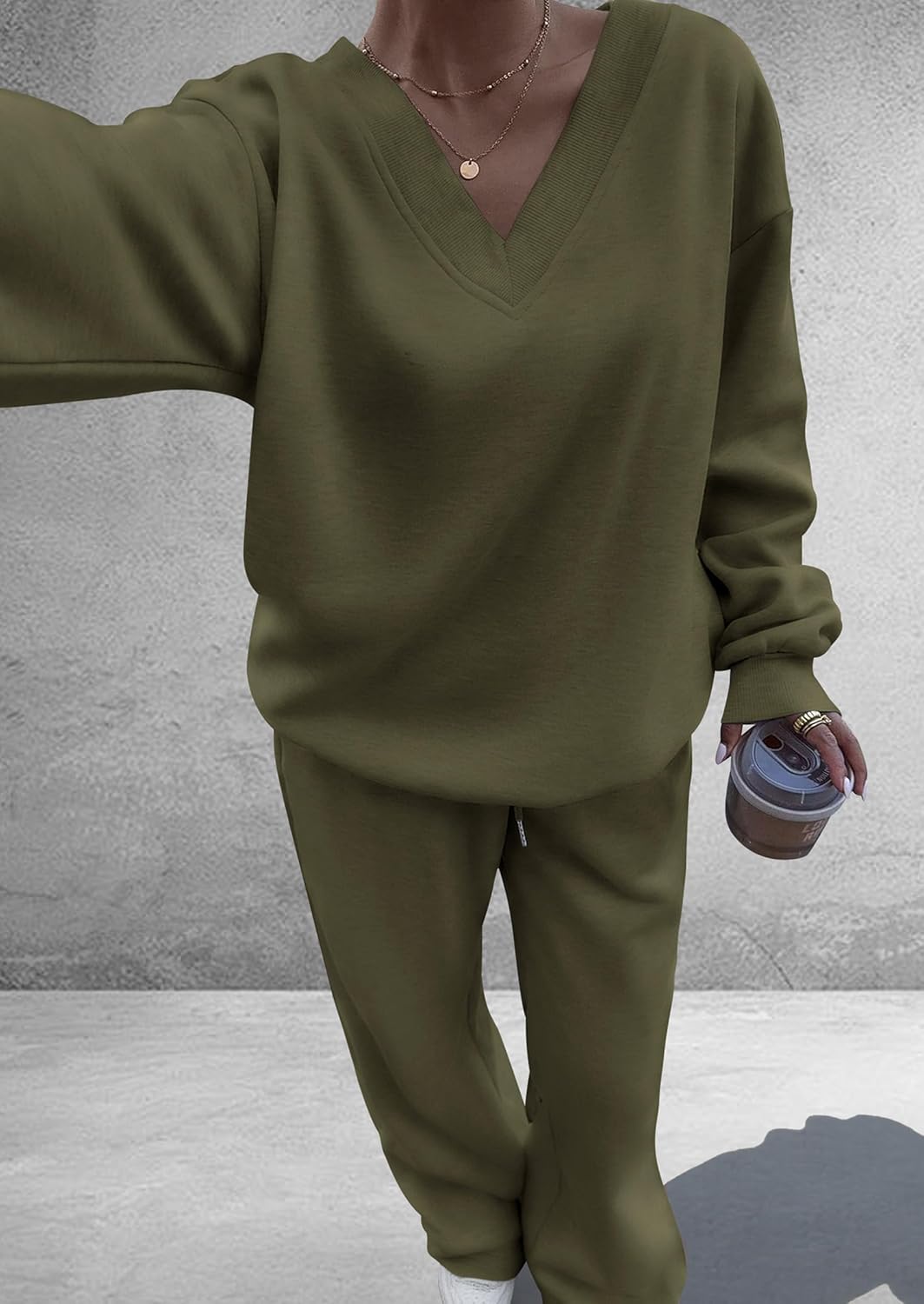 PRETTYGARDEN Casual Winter Two Piece Sets for Women 2026 V Neck Sweatshirt Loose Wide Leg Pants Tracksuit Knit Fall Outfits - Image 4