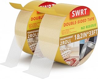 SWRT Double Sided Fabric Tape, 1" & 2" x 33FT Combo Roll, Heavy Duty Clear Tape with Strong Adhesion, No Residue, for Carpet, Fabric, Clothes, Crafts, Book, Outdoor & Indoor Use