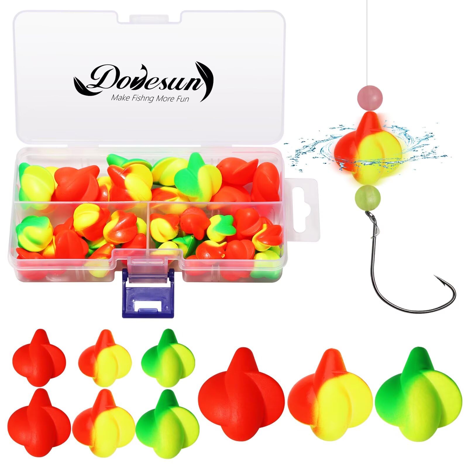 Dovesun 220/104/80/60/54/52/42pcs Pompano Rig Floats for Surf Fishing Foam Bobbers for Fishing Fly Fishing Bobbers Floats Bright Color Kit/Round/Cylindrical/Heart/Bullet/Pill/Spin Shape