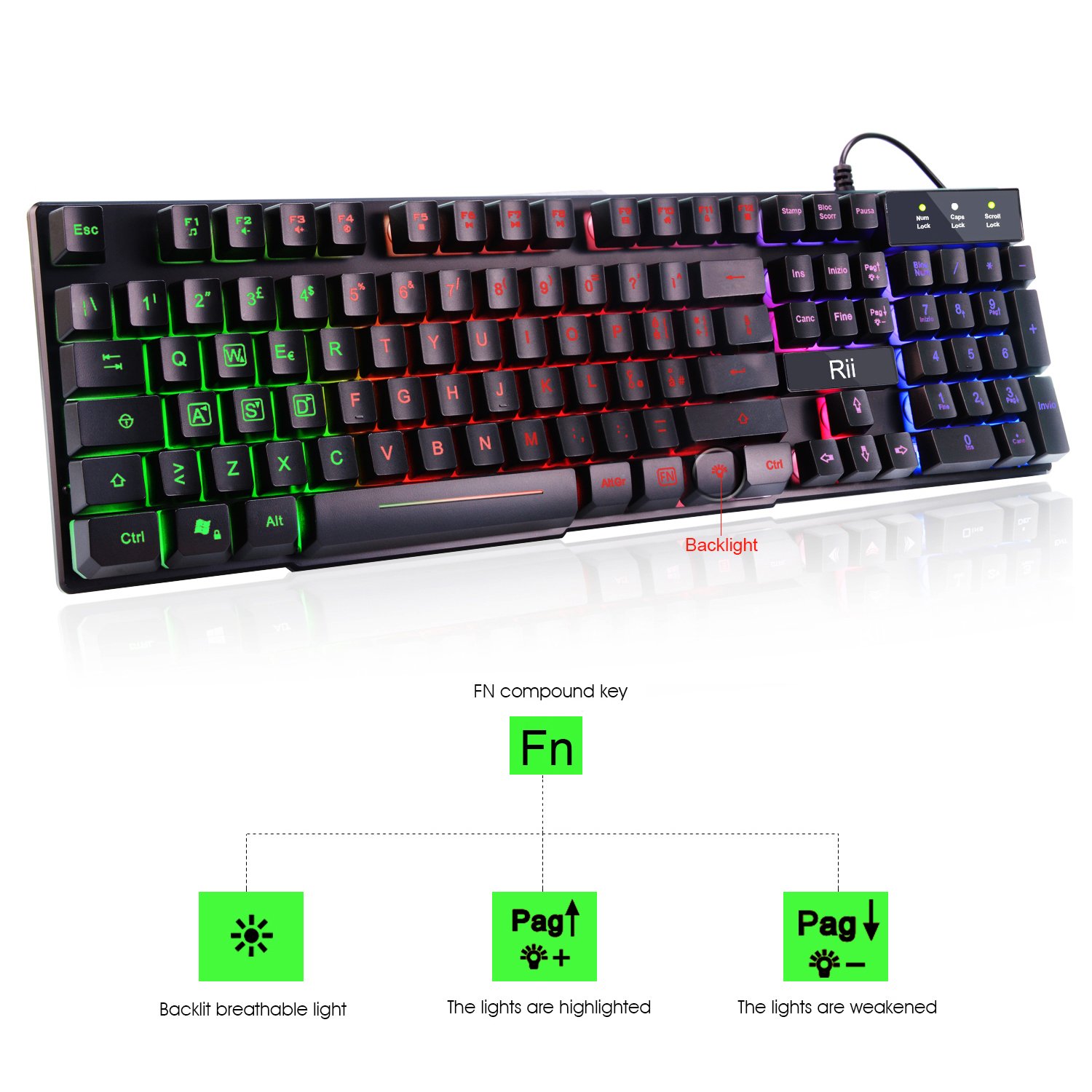 Rii Gaming RK100+ (layout ITALIANO) - Tastiera italiana da gioco retroilluminata a LED (arcobaleno) con tasti multimediali, paragonabile a una tastiera meccanica