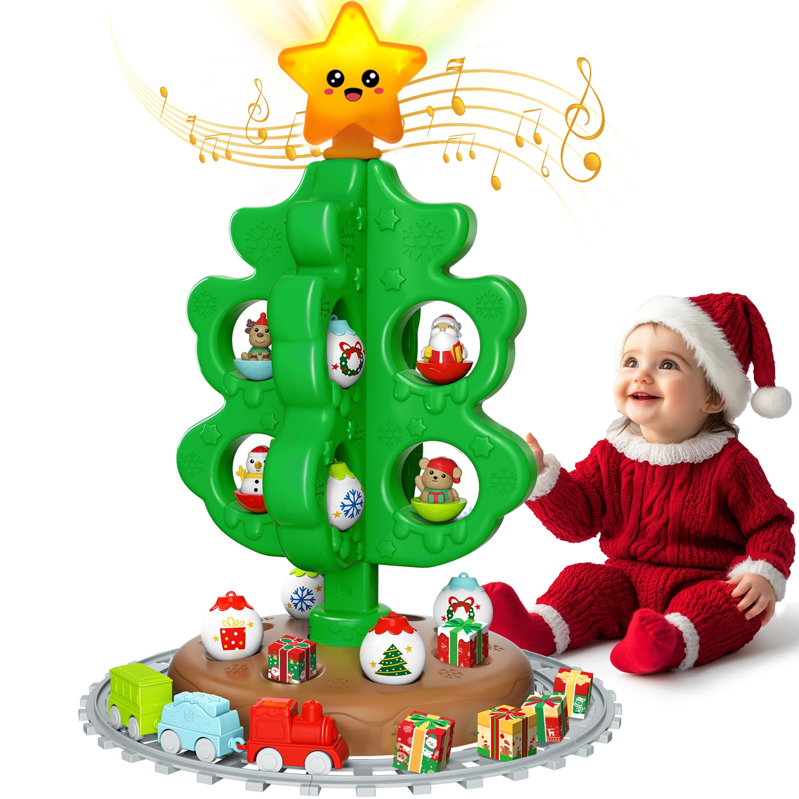 Upgraded Kids Christmas Tree with Topper Star with Light, Sound and Music, Toy Train Set Around Tree for 3-5, Functional Decor Indoor Xmas Tree with Ornaments, Interactive Gifts for Baby