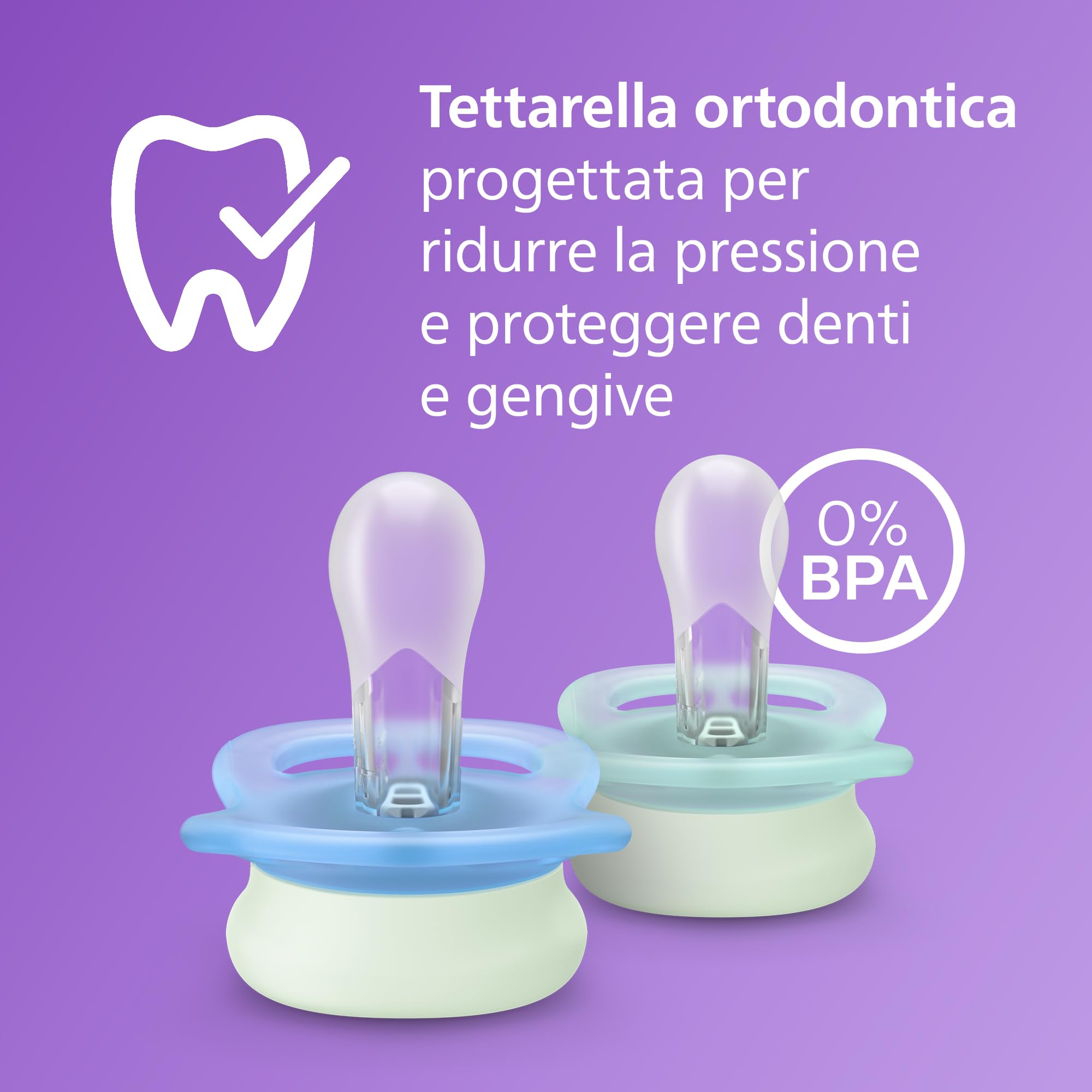 Philips Avent Ultra Start Nighttime Soothers, ciucci ortodontici per neonati di età compresa tra 0 e 2 mesi, fluorescenti, senza BPA, custodia per sterilizzazione/trasporto, confezione da 2, SCF075/08