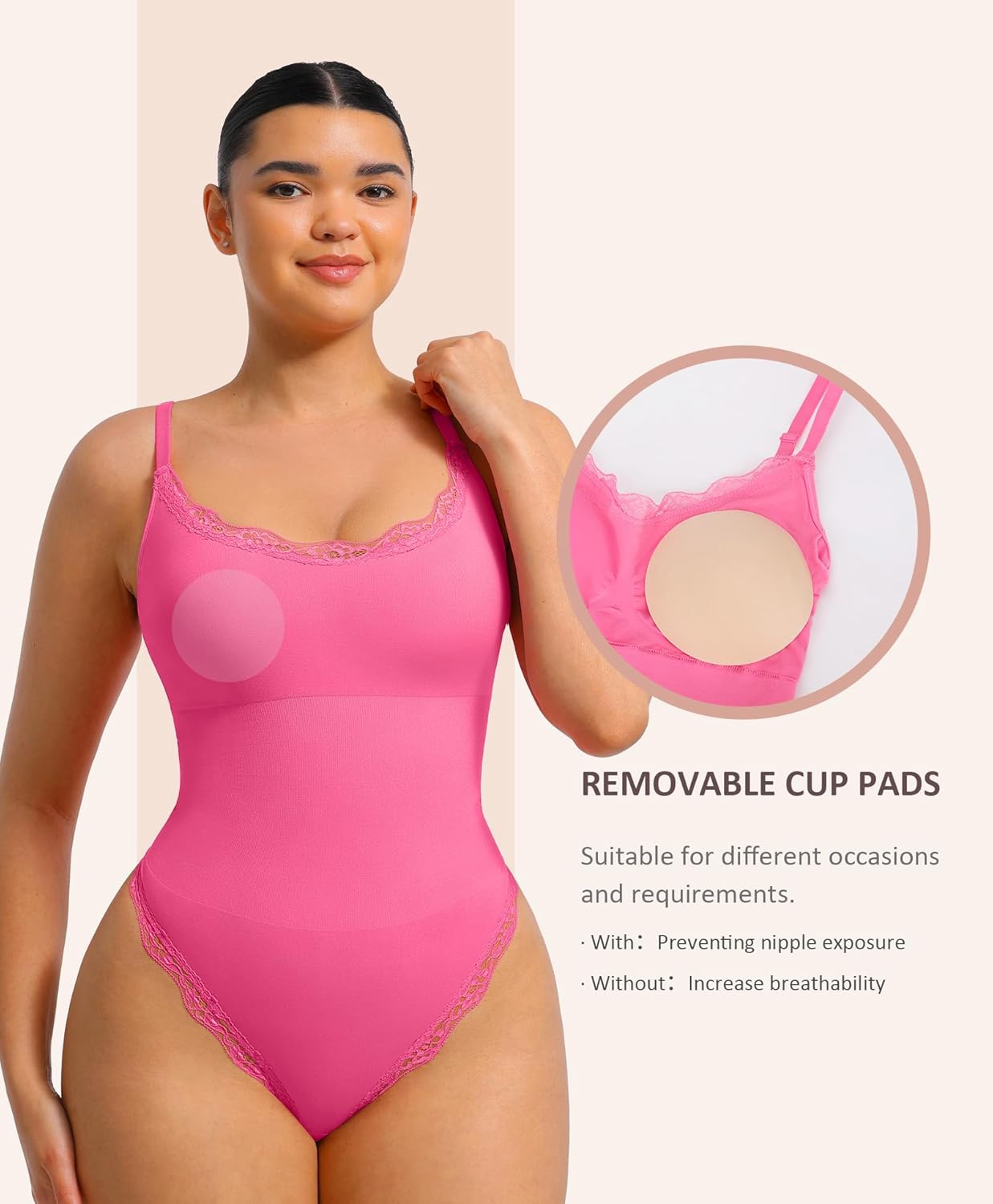 FeelinGirl Lace Bodysuits for Women Shapewear Tummy Control Thong Cami Bodysuit Tops with Adjustable Spaghetti Straps - Image 2