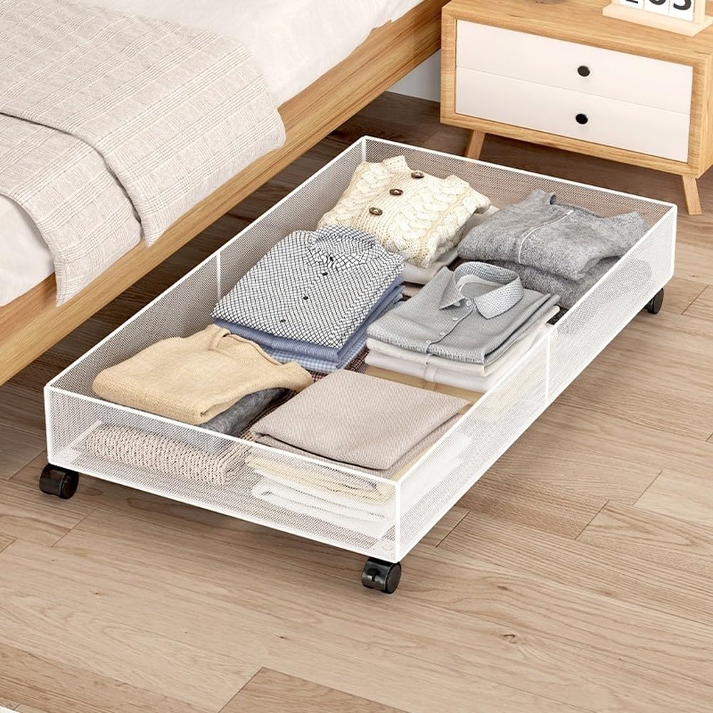 Caja de almacenamiento de metal debajo de la cama con ruedas, organizador de gran capacidad de 60 x 40 x 17 cm con bordes elevados de 12 cm para ropa, zapatos, libros, negro (negro)