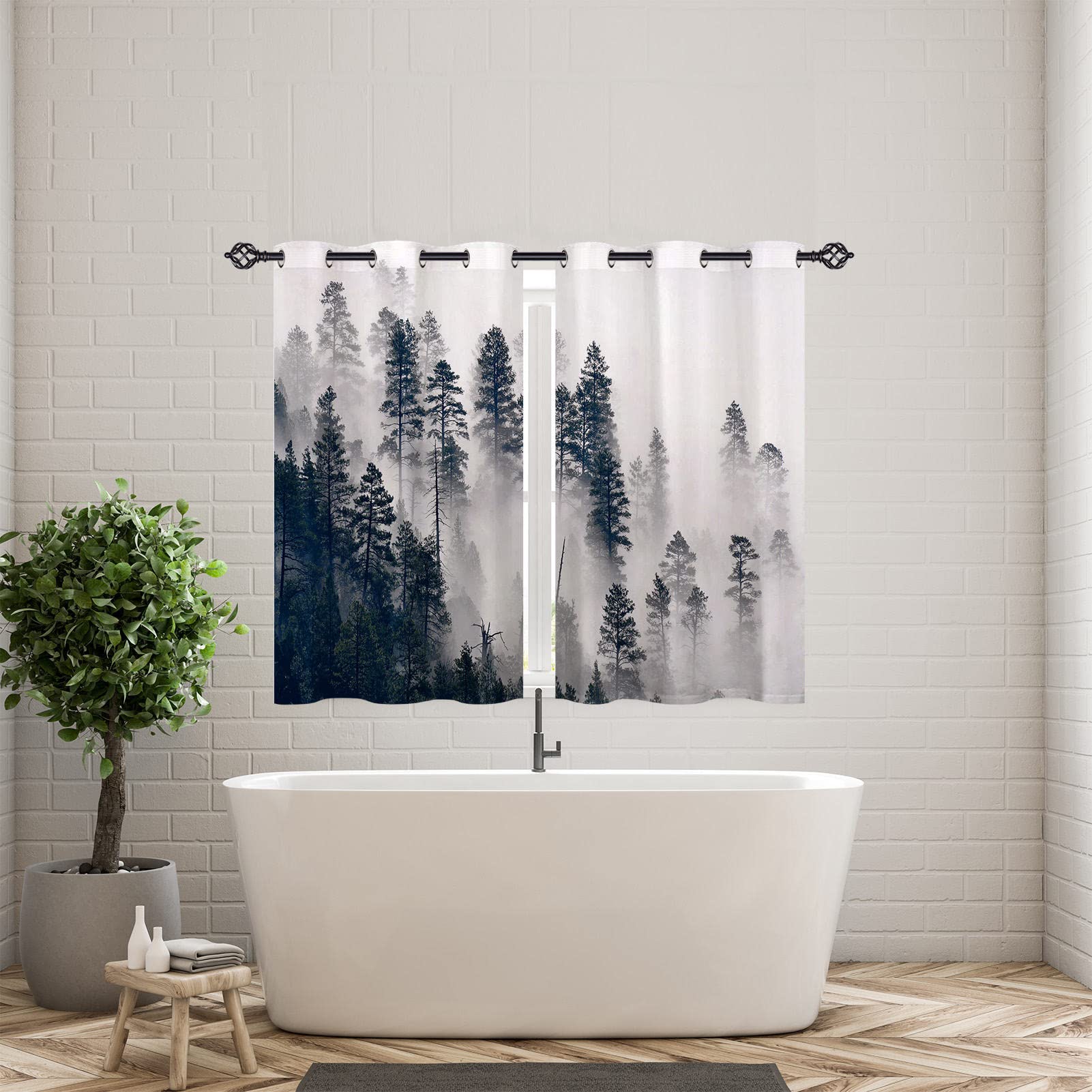 ANHOPE Misty Forest Curtains Eyelet 80% Blackout Room Darkening Curtains with Foggy Mountain Woodland Tree Print Pattern Light Blocking Window Drapes for Bedroom Living Room 46 x 54 Inch Drop 2 Panels - Image 3