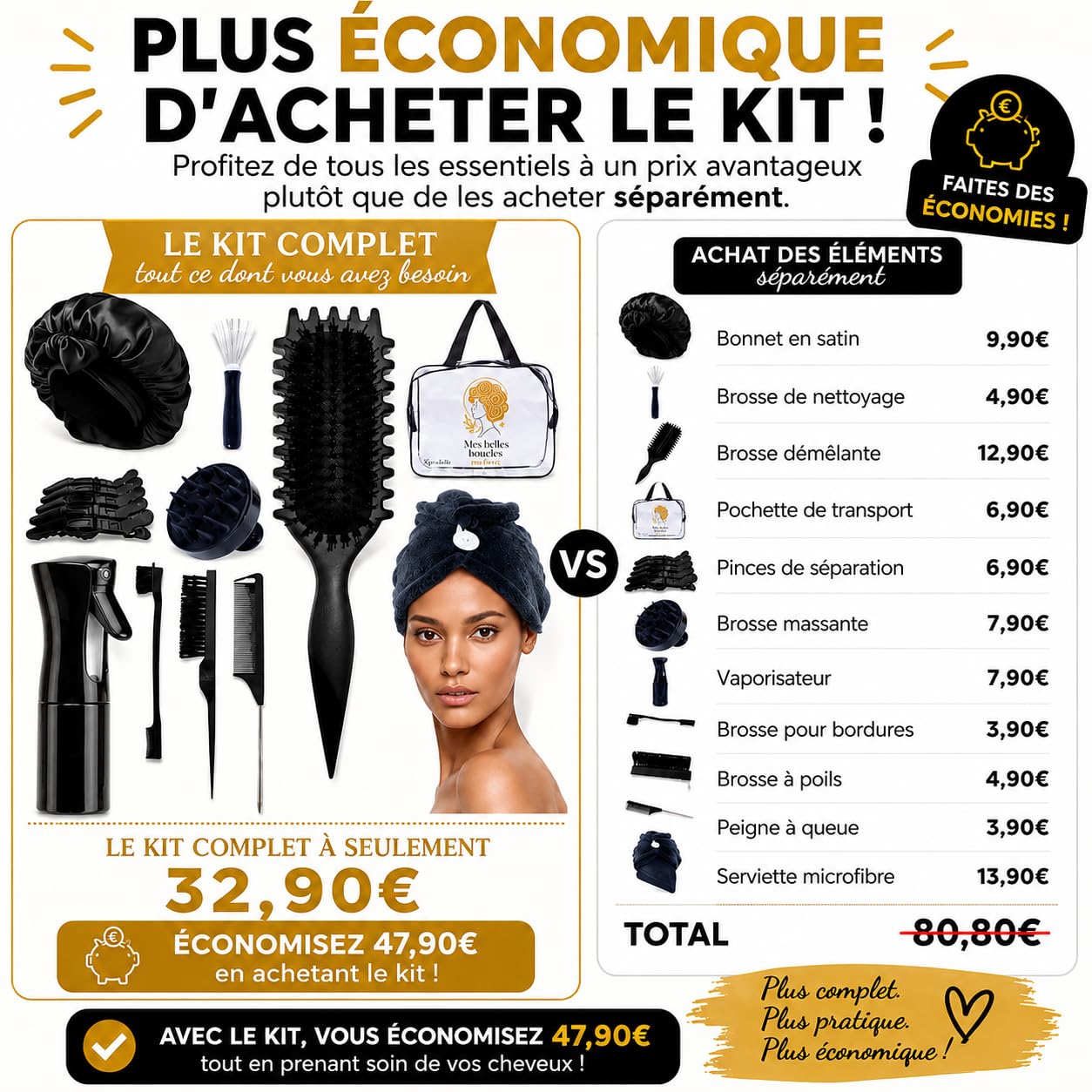 kit complet Cheveux bouclés/frisés/crépus/ondulés .Brosse définition-spray cheveux 200ml-bonnet satin-serviette microfibre-accessoires-brosse massante cuir chevelu-Routine Anti-frisottis.