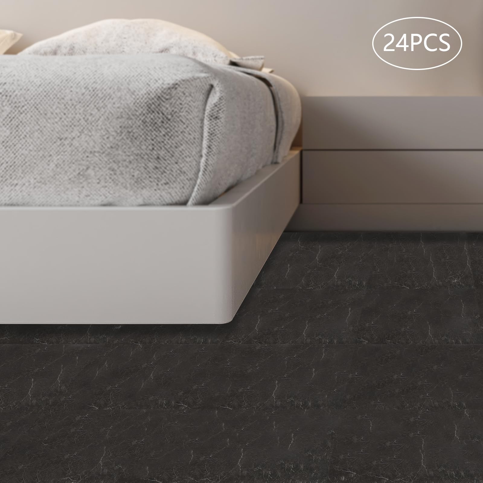 Baldosas autoadhesivas de PVC, 24 unidades (60 x 30 cm), 1,3 mm de grosor (aproximadamente 4,32 ㎡ de superficie de cubierta), color negro, grano de piedra, impermeable, moderno, para cocina y baño