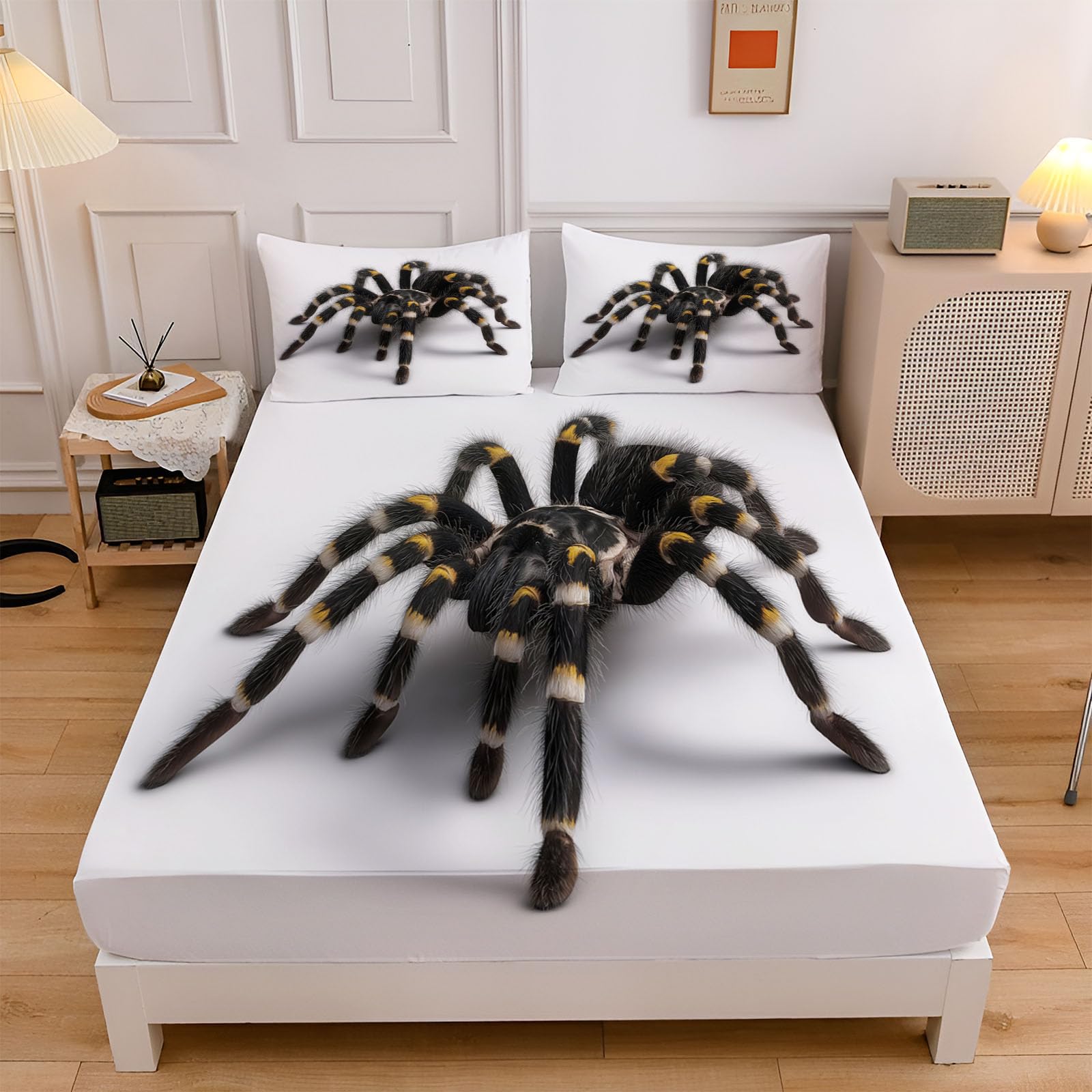 Sábanas 200X190/200Cm - Juego De Sábanas 3 Piezas Estampadas Araña 3D - Microfibra Suave Transpirable - Sábana Bajera Ajustable - Ropa De Cama Vida Salvaje (Crema)