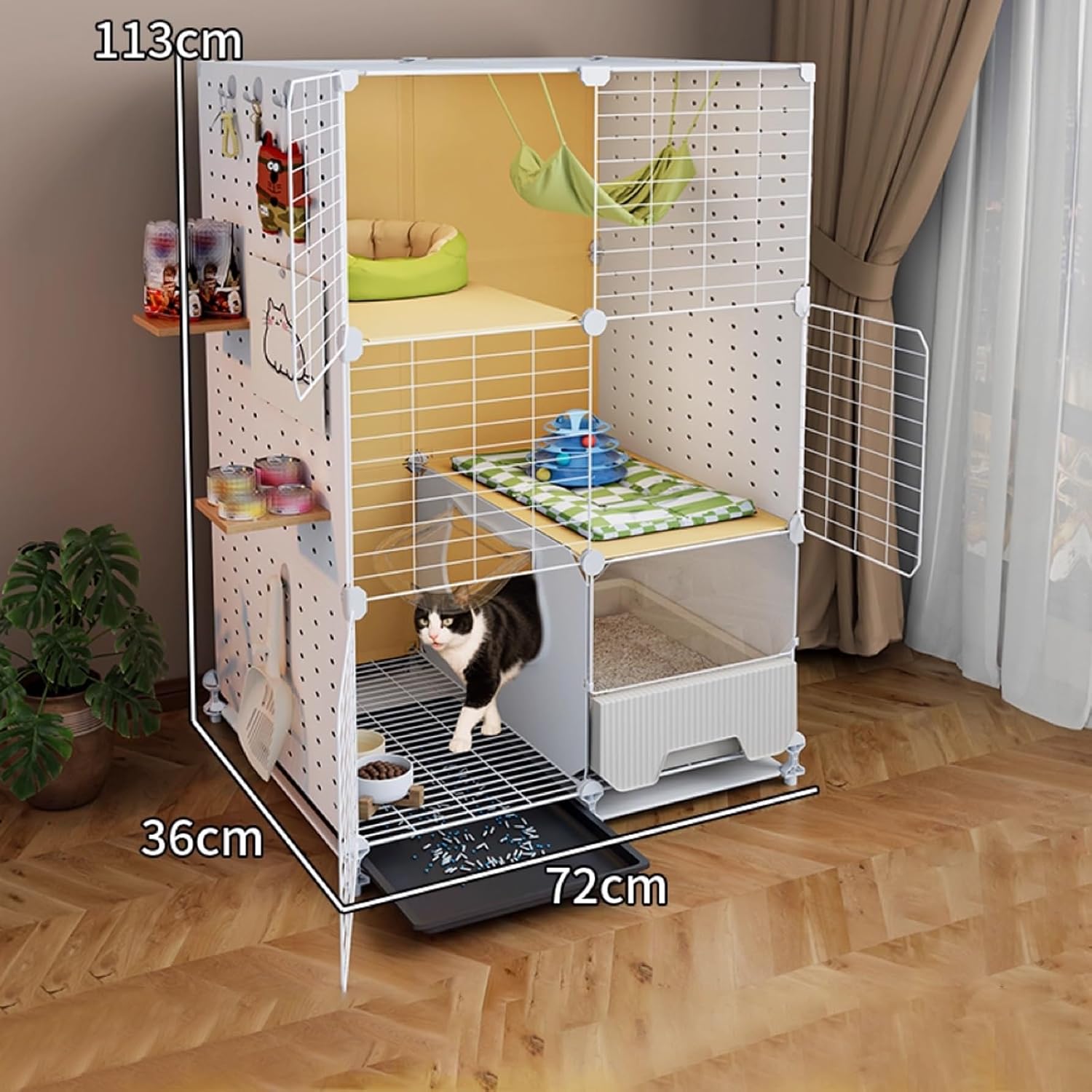 Indoor Cat Cage with Litter Box, Pull-Out Tray, Iron Wire Frame with PP Panels, Multi-Level Zones Pet Playpen for Apartments/Small Homes(72x36x113cm)