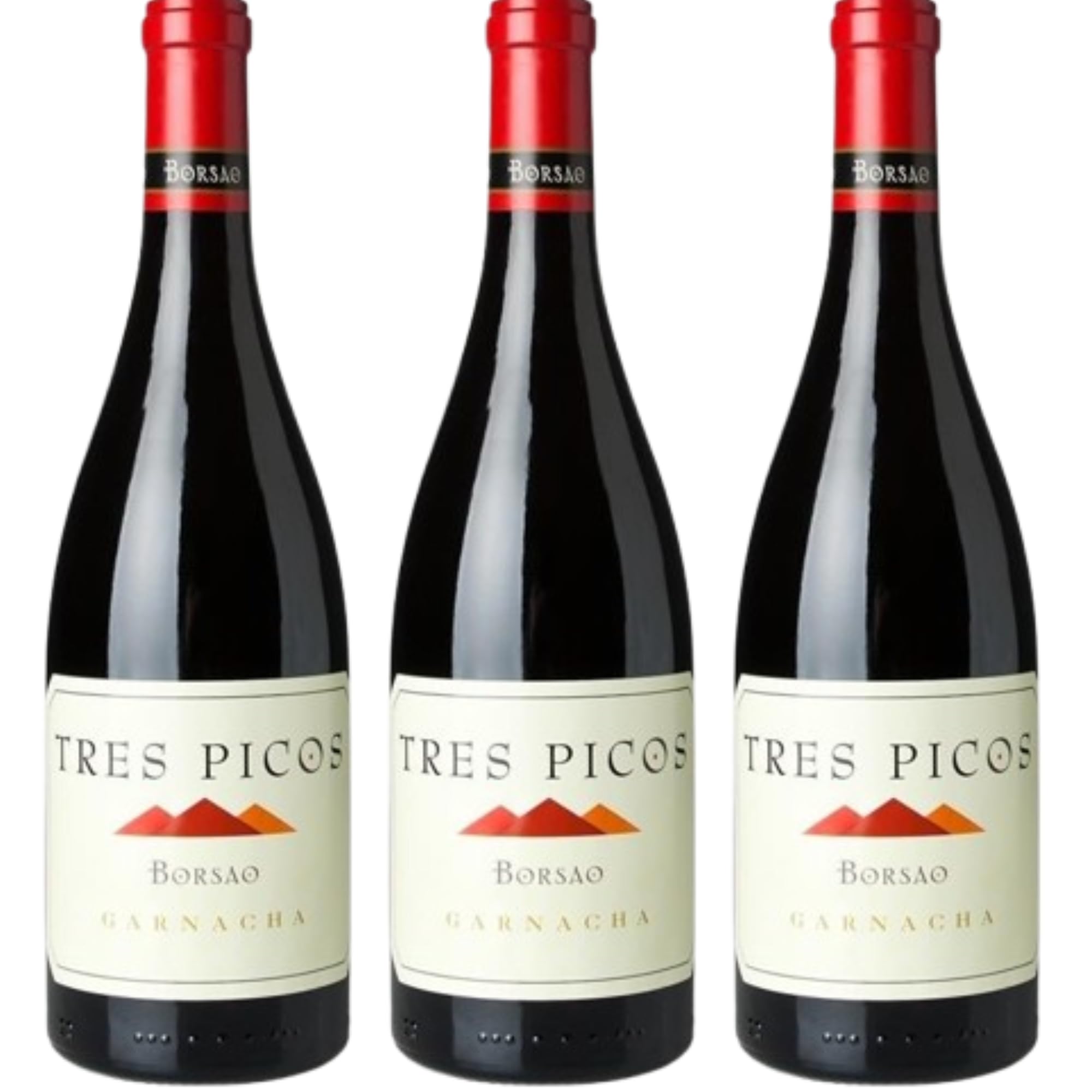 Borsao Tres Picos vino tinto crianza elaborado con Garnacha de España, 15% Vol., con aromas intensos, cuerpo equilibrado y notas frutales y especiadas.| 3 botellas