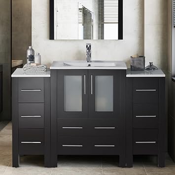 Blossom 48 in. Bathroom Vanity with Sink and Side Cabinet - Solid Wood Espresso Sink Vanity - 18-Inch Deep Narrow Footprint - Modern Tempered Glass Doors - High-End Master Bath Suite
